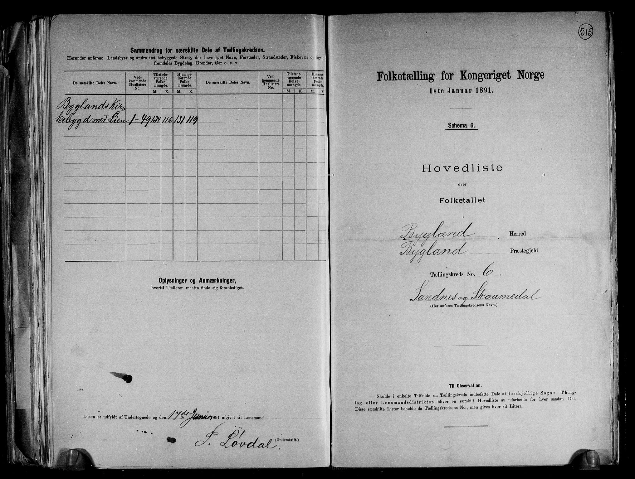 RA, 1891 census for 0938 Bygland, 1891, p. 18