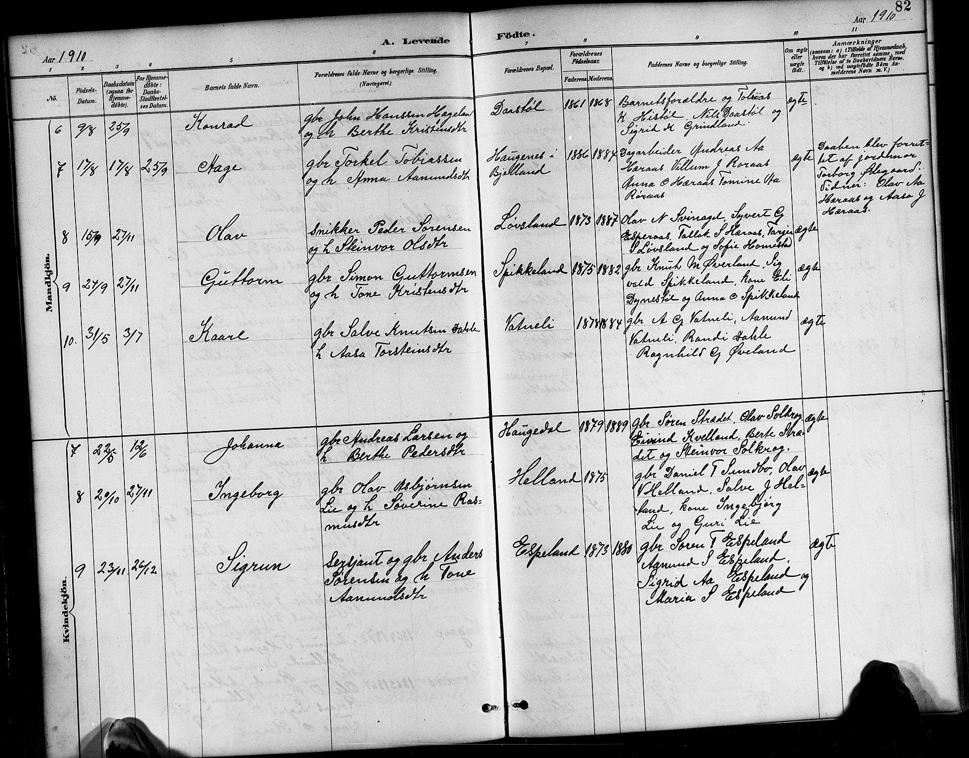 Bjelland sokneprestkontor, SAK/1111-0005/F/Fb/Fbb/L0005: Parish register (copy) no. B 5, 1887-1918, p. 82