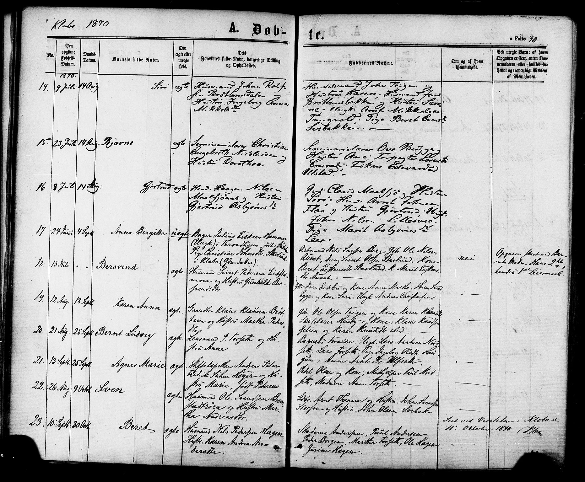 Ministerialprotokoller, klokkerbøker og fødselsregistre - Sør-Trøndelag, SAT/A-1456/618/L0442: Parish register (official) no. 618A06 /1, 1863-1879, p. 30