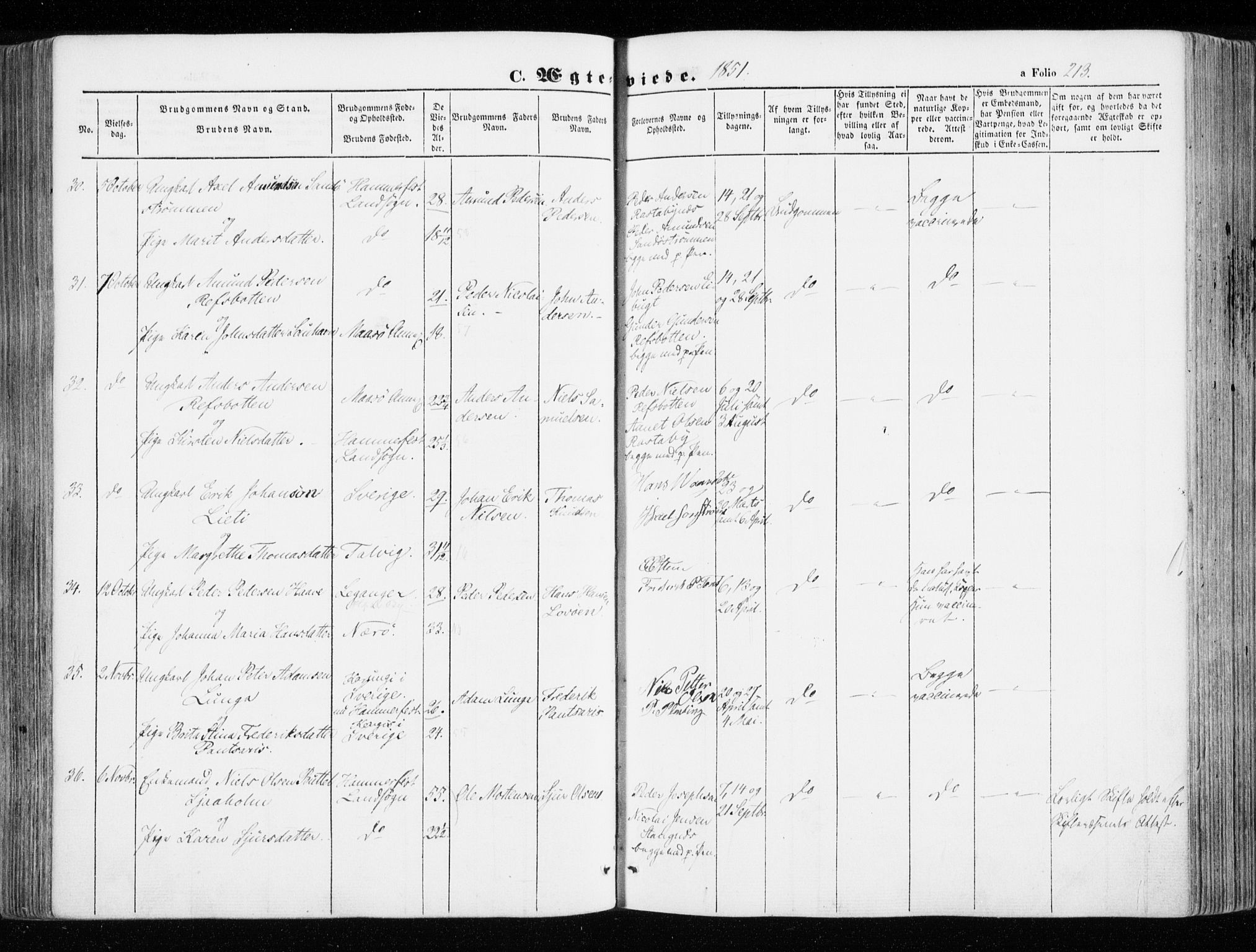 Hammerfest sokneprestkontor, AV/SATØ-S-1347/H/Ha/L0004.kirke: Parish register (official) no. 4, 1843-1856, p. 213