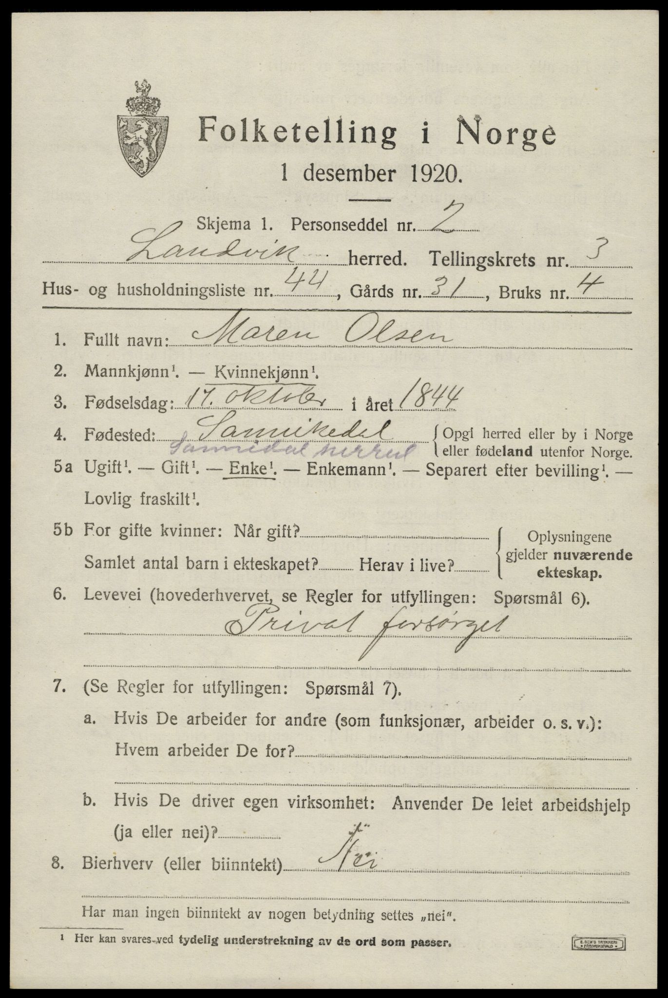SAK, 1920 census for Landvik, 1920, p. 3328