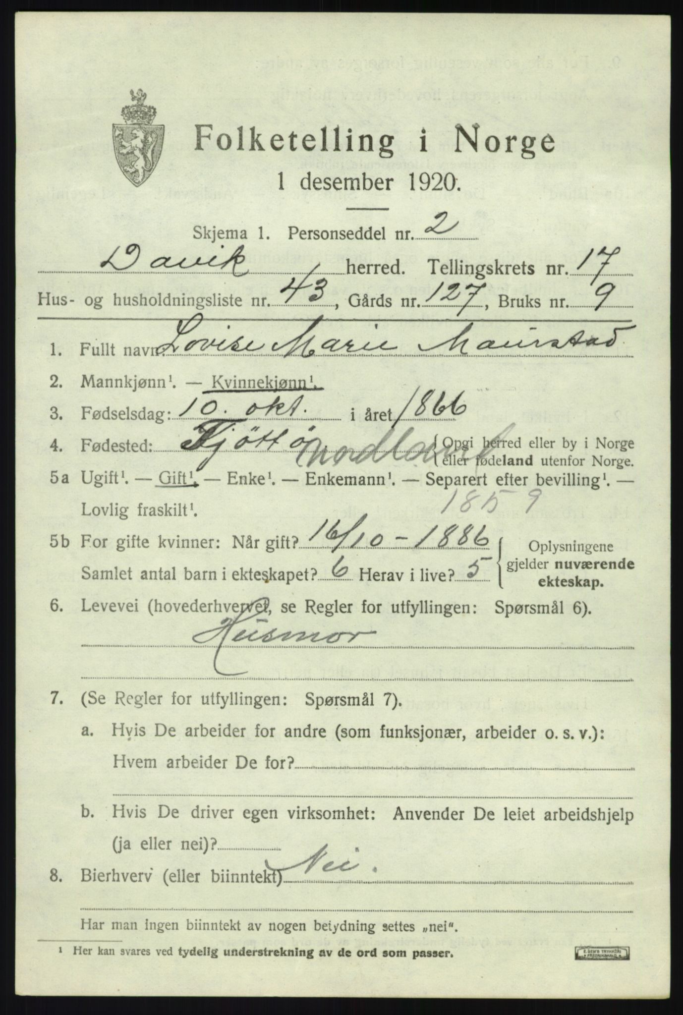 SAB, 1920 census for Davik, 1920, p. 8119