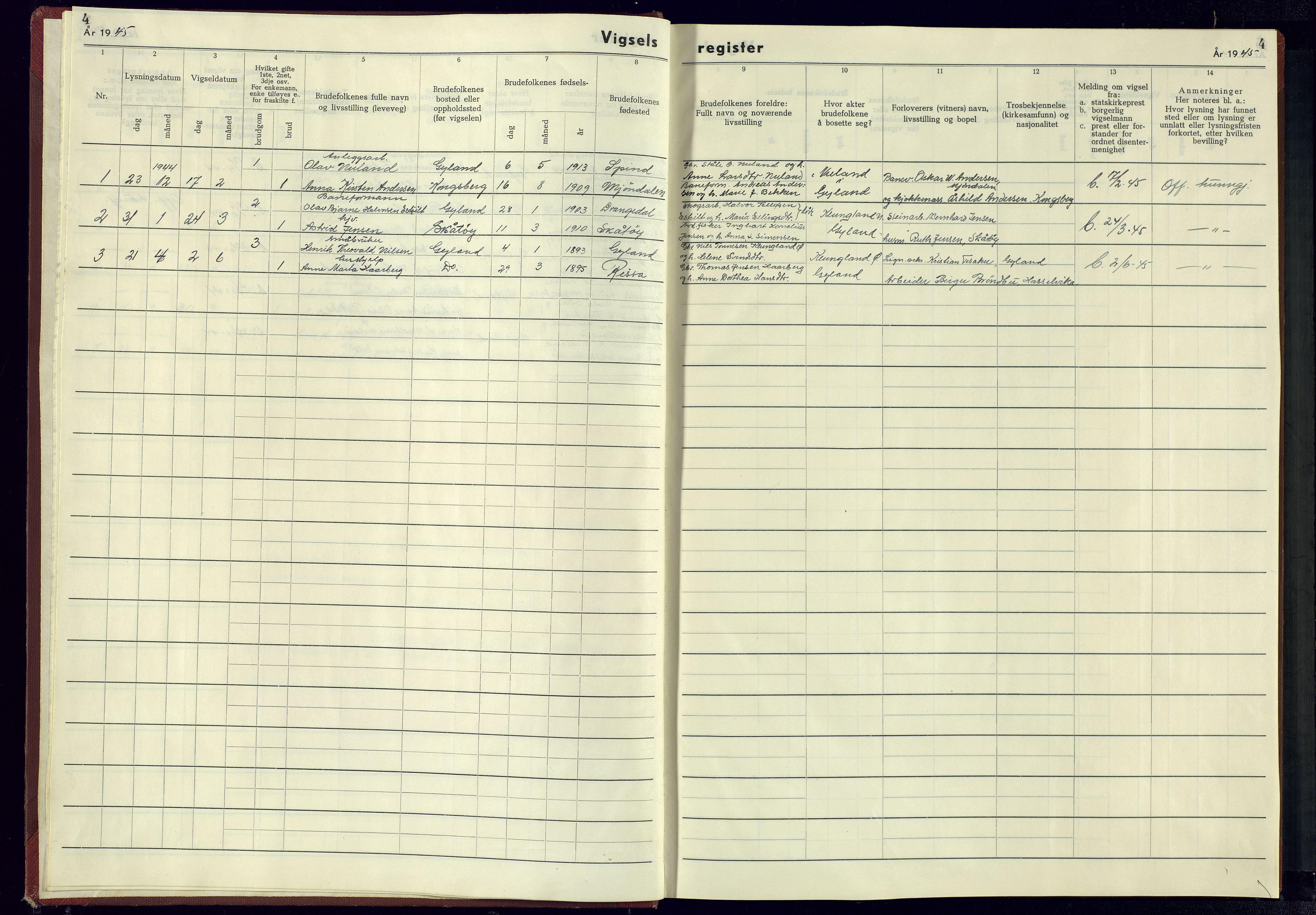 Bakke sokneprestkontor, SAK/1111-0002/J/Jb/L0002: Marriage register no. A-VI-13, 1942-1945, p. 4