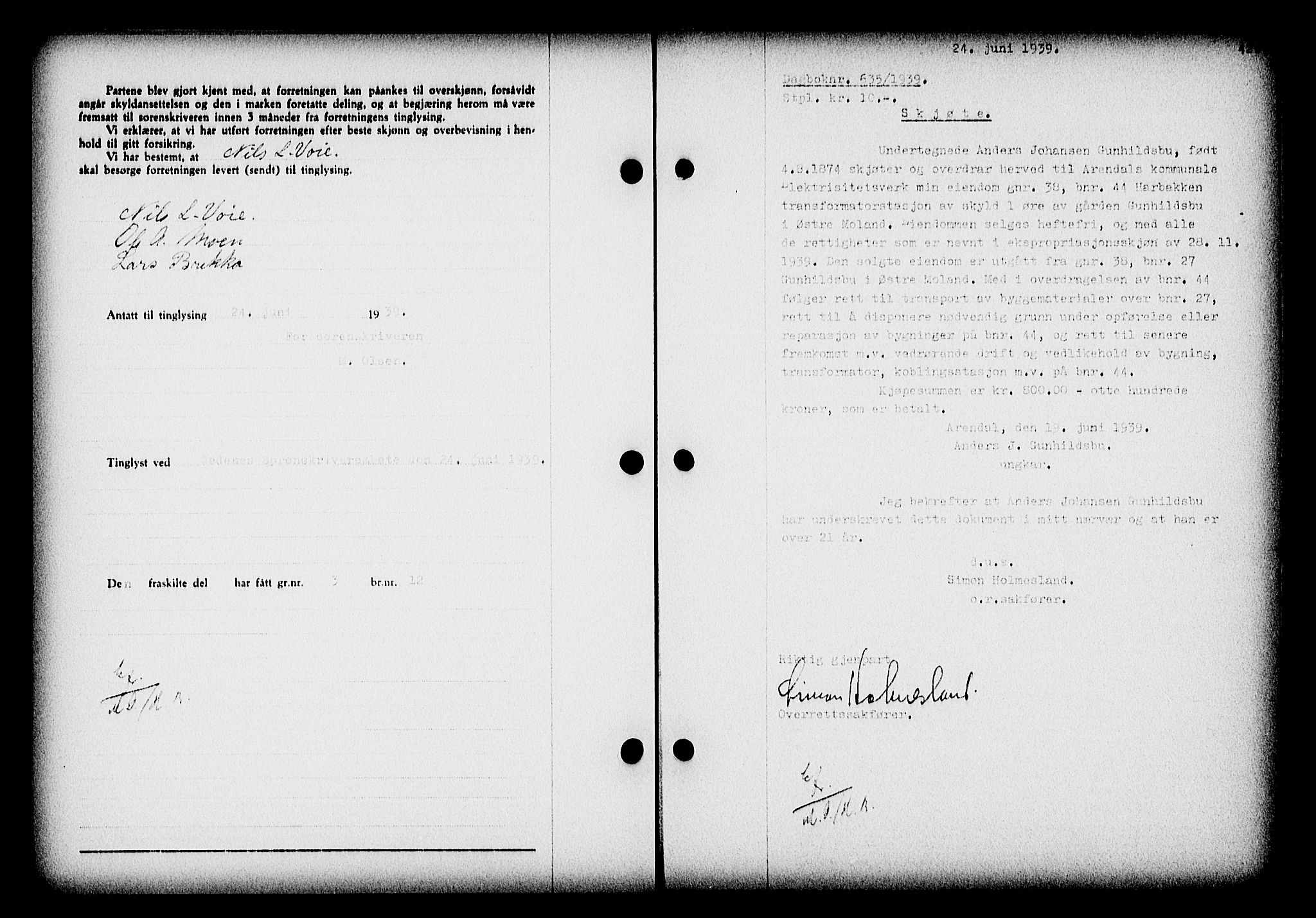 Nedenes sorenskriveri, SAK/1221-0006/G/Gb/Gba/L0046: Mortgage book no. 42, 1938-1939, Diary no: : 635/1939