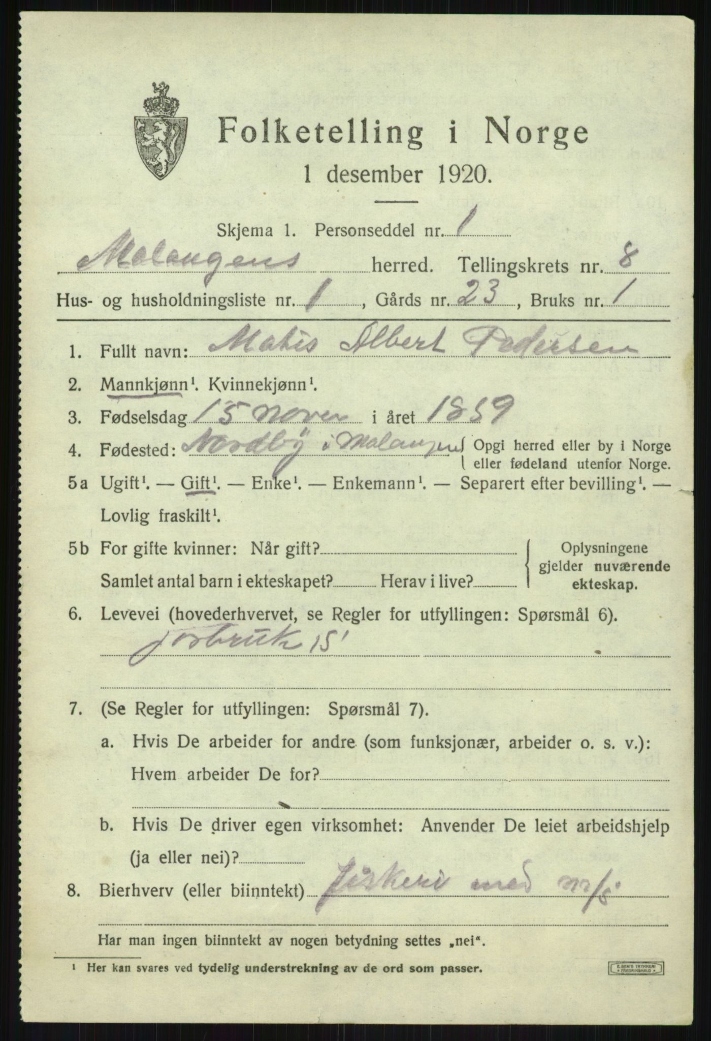 SATØ, 1920 census for Malangen, 1920, p. 3125