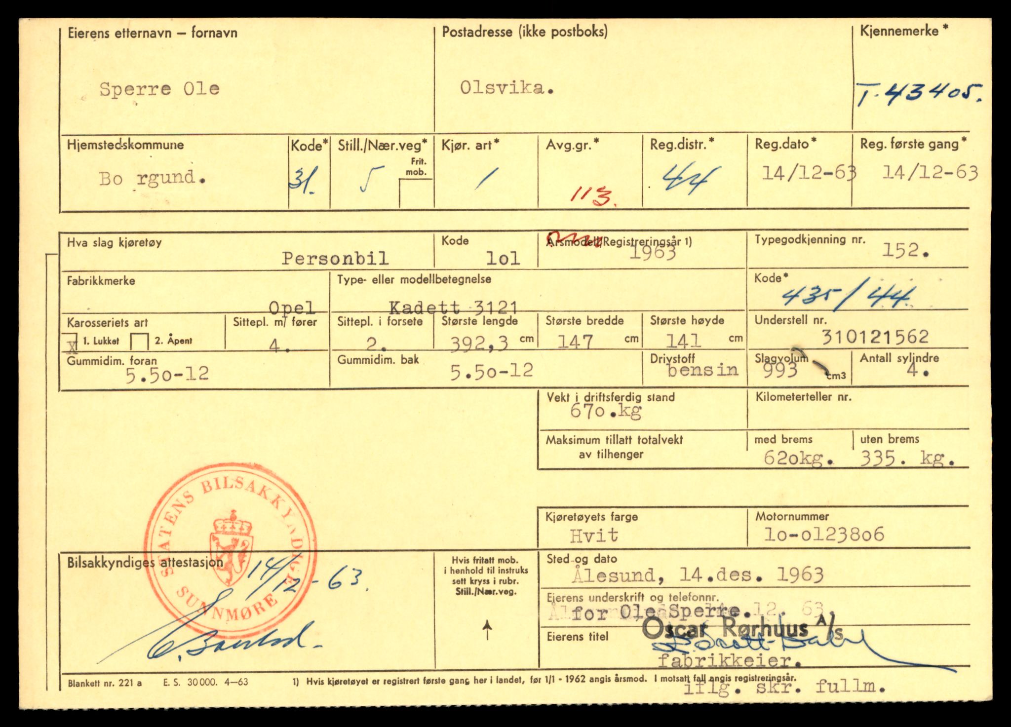 Møre og Romsdal vegkontor - Ålesund trafikkstasjon, SAT/A-4099/F/Fe/L0085: Registreringskort for kjøretøy T 43405 - T 44025, 1927-1998, p. 1