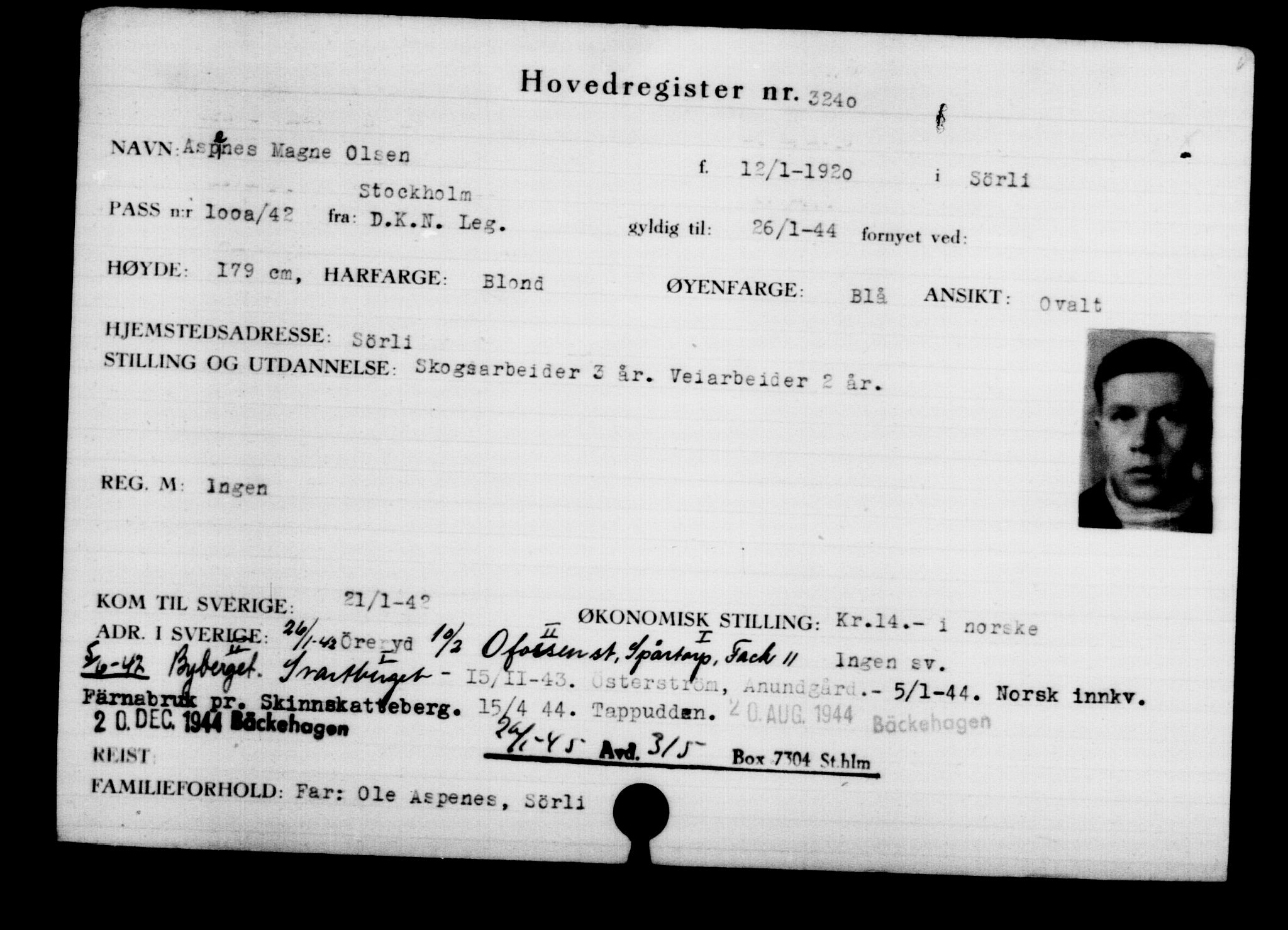 Utenriksstasjonene, Legasjonen i Stockholm, Flyktningkontoret, AV/RA-S-6753/V/Va/L0003: Kjesäterkartoteket, flyktninger med registreringsnr. 2001-3495, 1940-1945, p. 1705