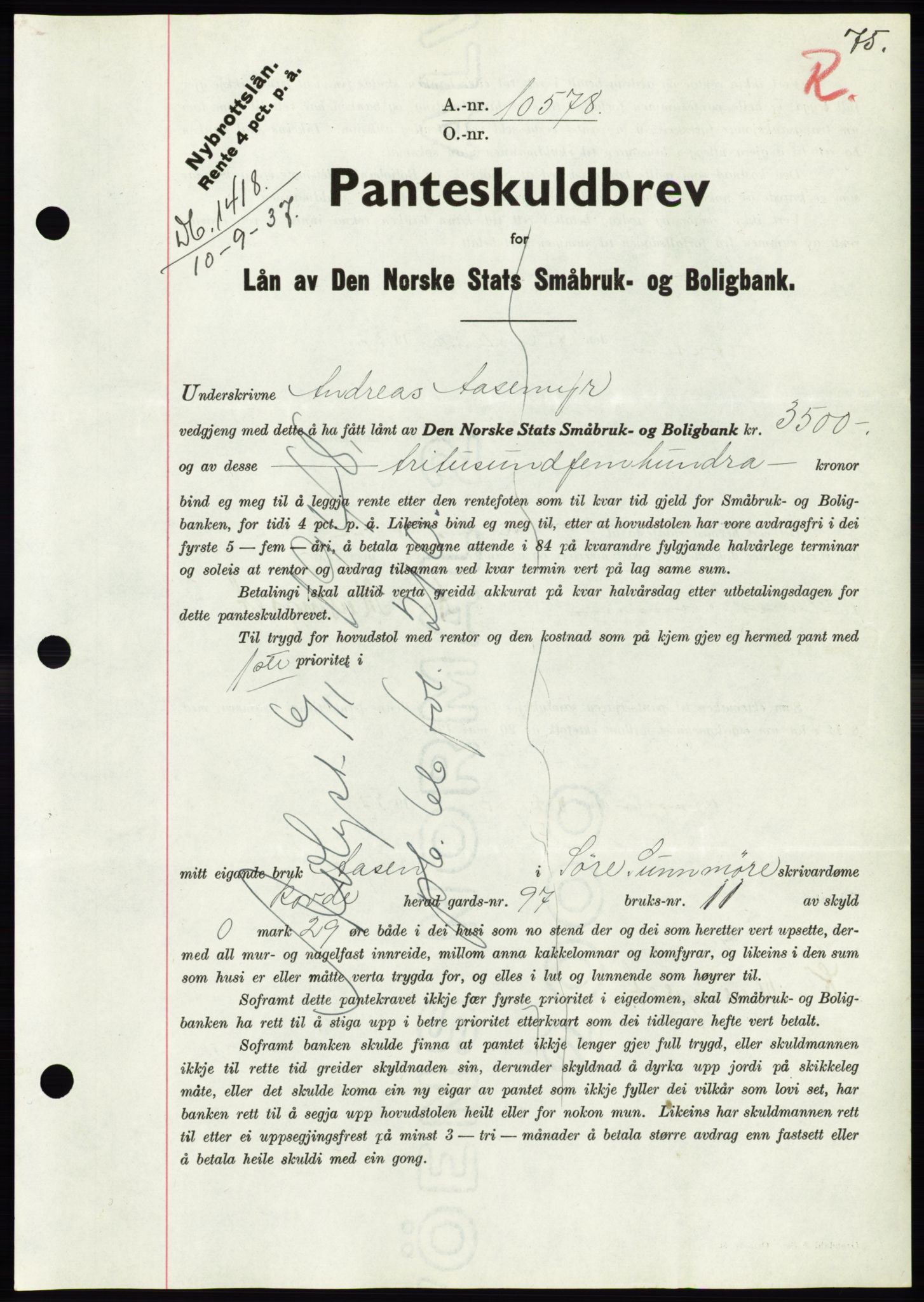 Søre Sunnmøre sorenskriveri, AV/SAT-A-4122/1/2/2C/L0064: Mortgage book no. 58, 1937-1938, Diary no: : 1418/1937