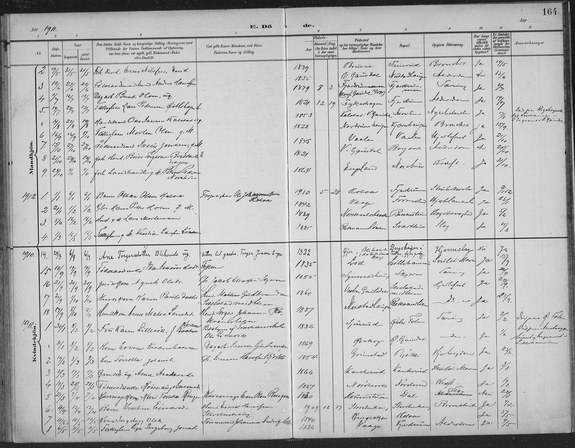 Østre Gausdal prestekontor, SAH/PREST-092/H/Ha/Haa/L0004: Parish register (official) no. 4, 1898-1914, p. 164