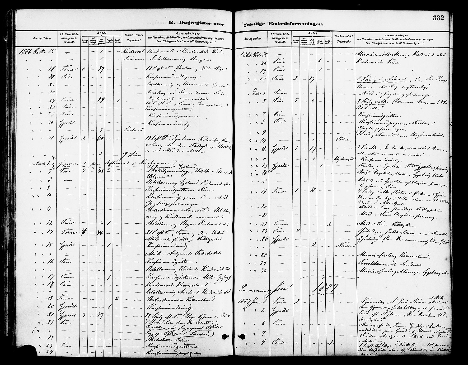 Lye sokneprestkontor, SAST/A-101794/001/30BA/L0009: Parish register (official) no. A 8, 1881-1892, p. 332