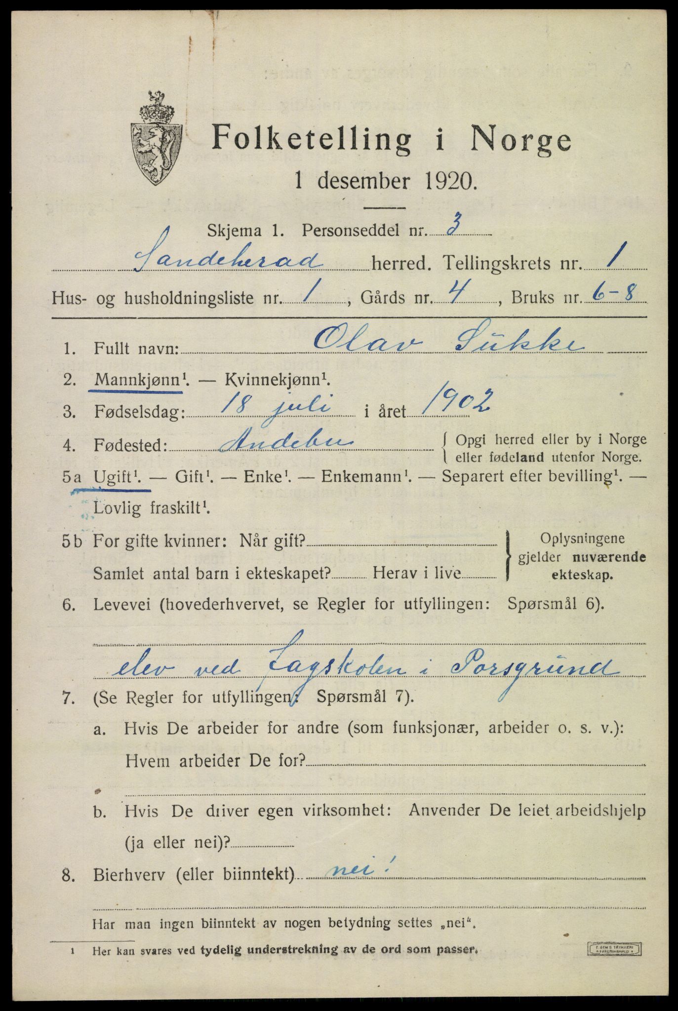 SAKO, 1920 census for Sandeherred, 1920, p. 3756