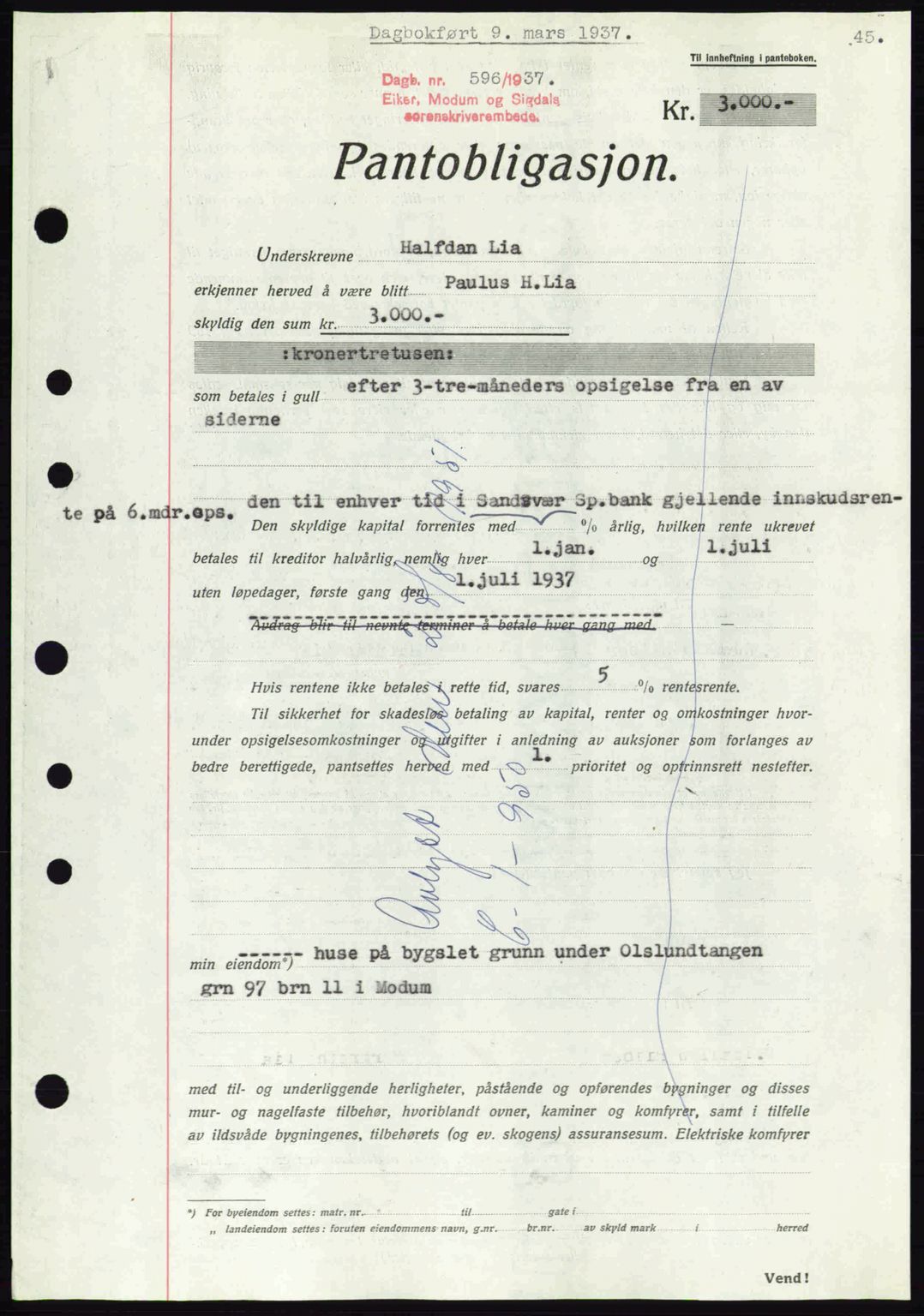 Eiker, Modum og Sigdal sorenskriveri, SAKO/A-123/G/Ga/Gab/L0035: Mortgage book no. A5, 1937-1937, Diary no: : 596/1937