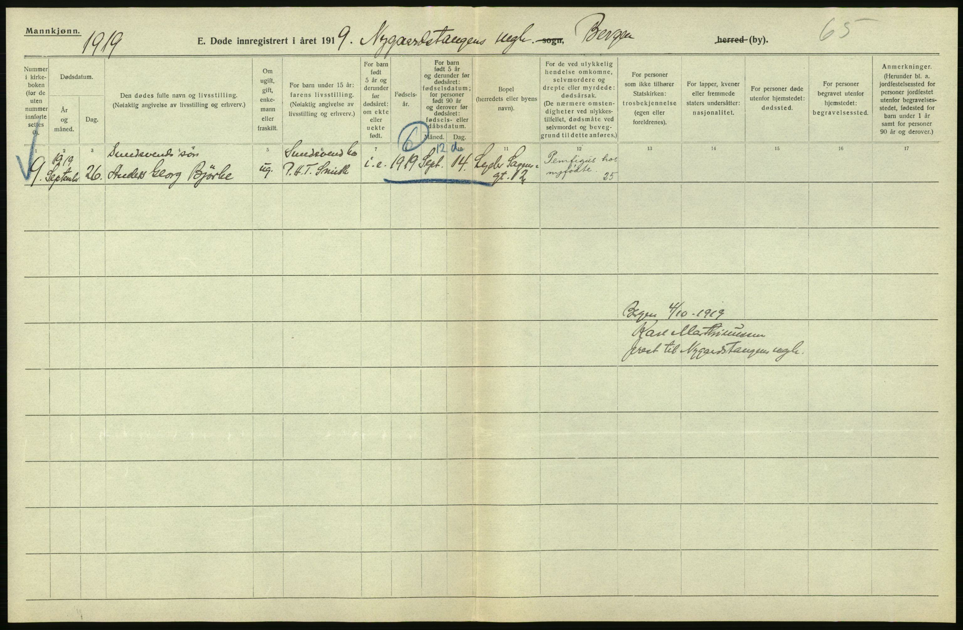 Statistisk sentralbyrå, Sosiodemografiske emner, Befolkning, AV/RA-S-2228/D/Df/Dfb/Dfbi/L0035: Bergen: Gifte, døde, dødfødte., 1919, p. 308