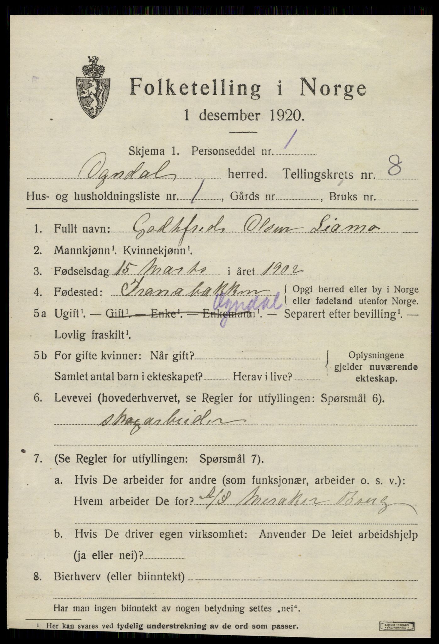 SAT, 1920 census for Ogndal, 1920, p. 3331