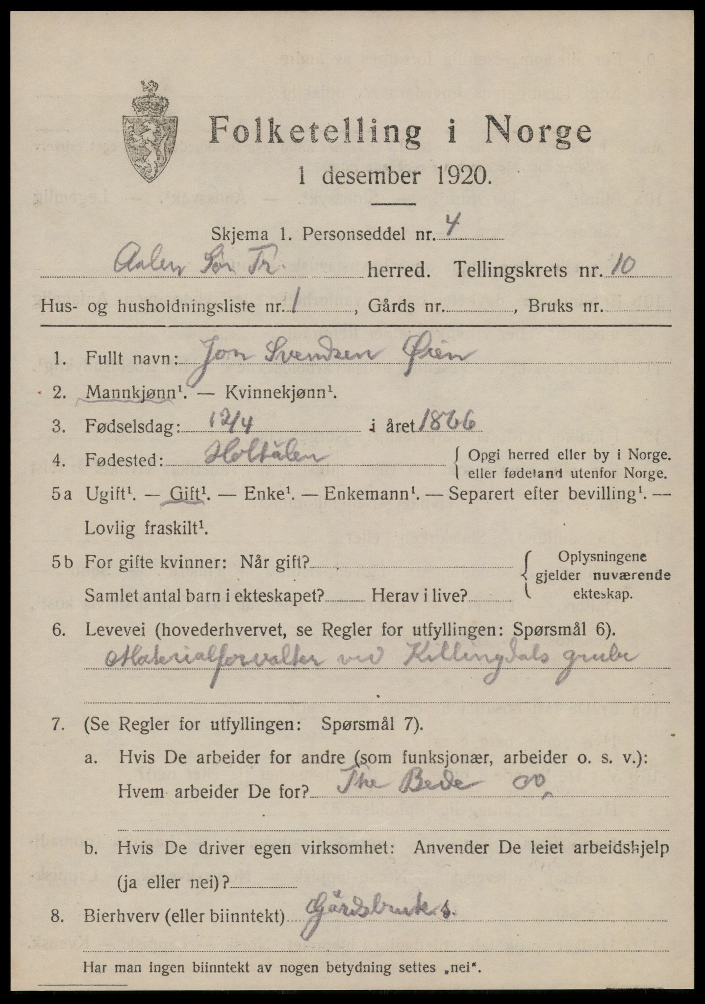 SAT, 1920 census for Ålen, 1920, p. 4670