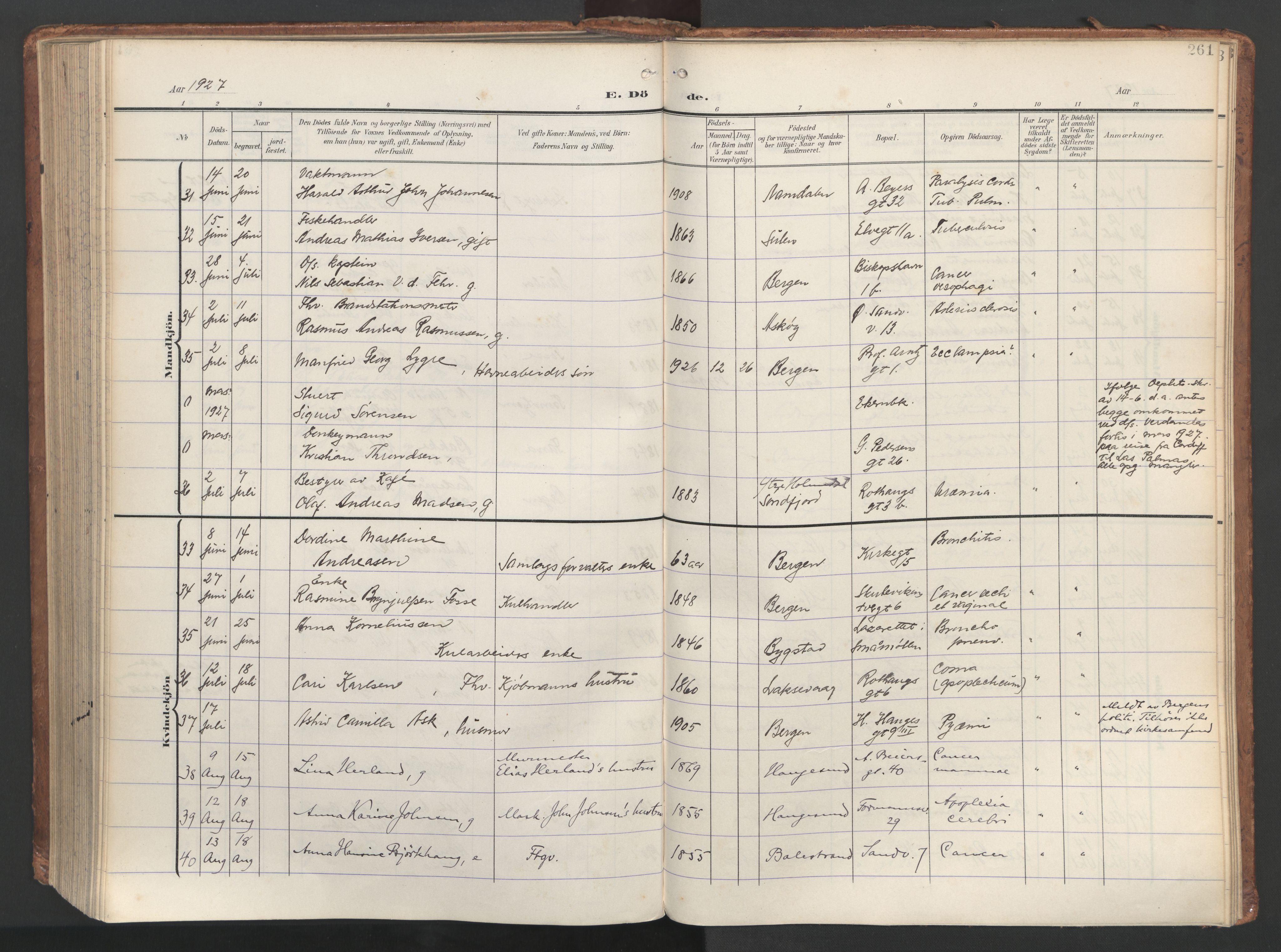 Sandviken Sokneprestembete, AV/SAB-A-77601/H/Ha/L0019: Parish register (official) no. E 2, 1905-1933, p. 261