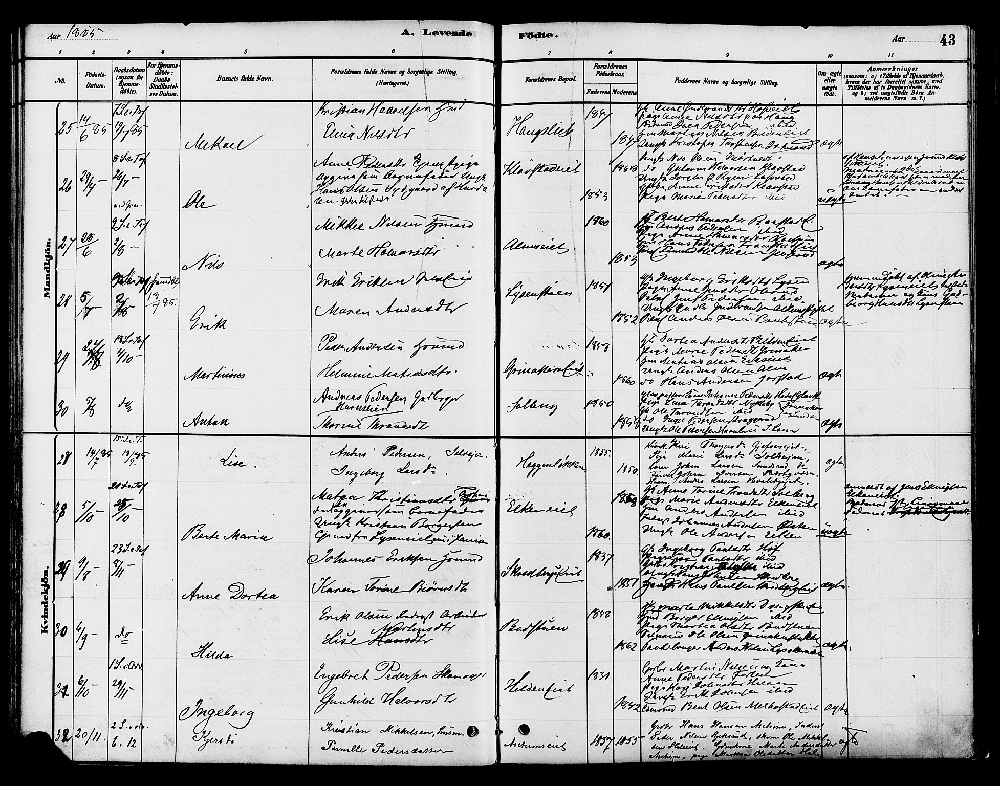 Gran prestekontor, SAH/PREST-112/H/Ha/Haa/L0016: Parish register (official) no. 16, 1880-1888, p. 43