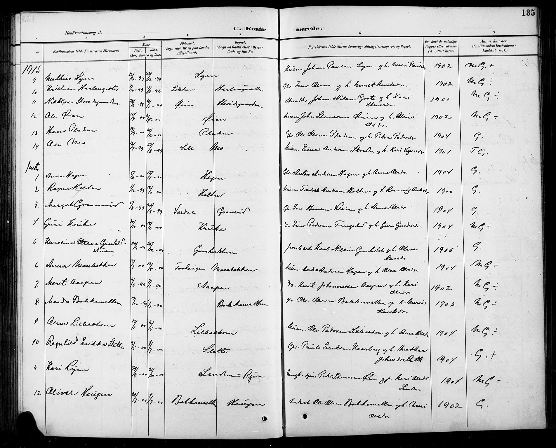 Sel prestekontor, SAH/PREST-074/H/Ha/Hab/L0005: Parish register (copy) no. 5, 1894-1923, p. 135