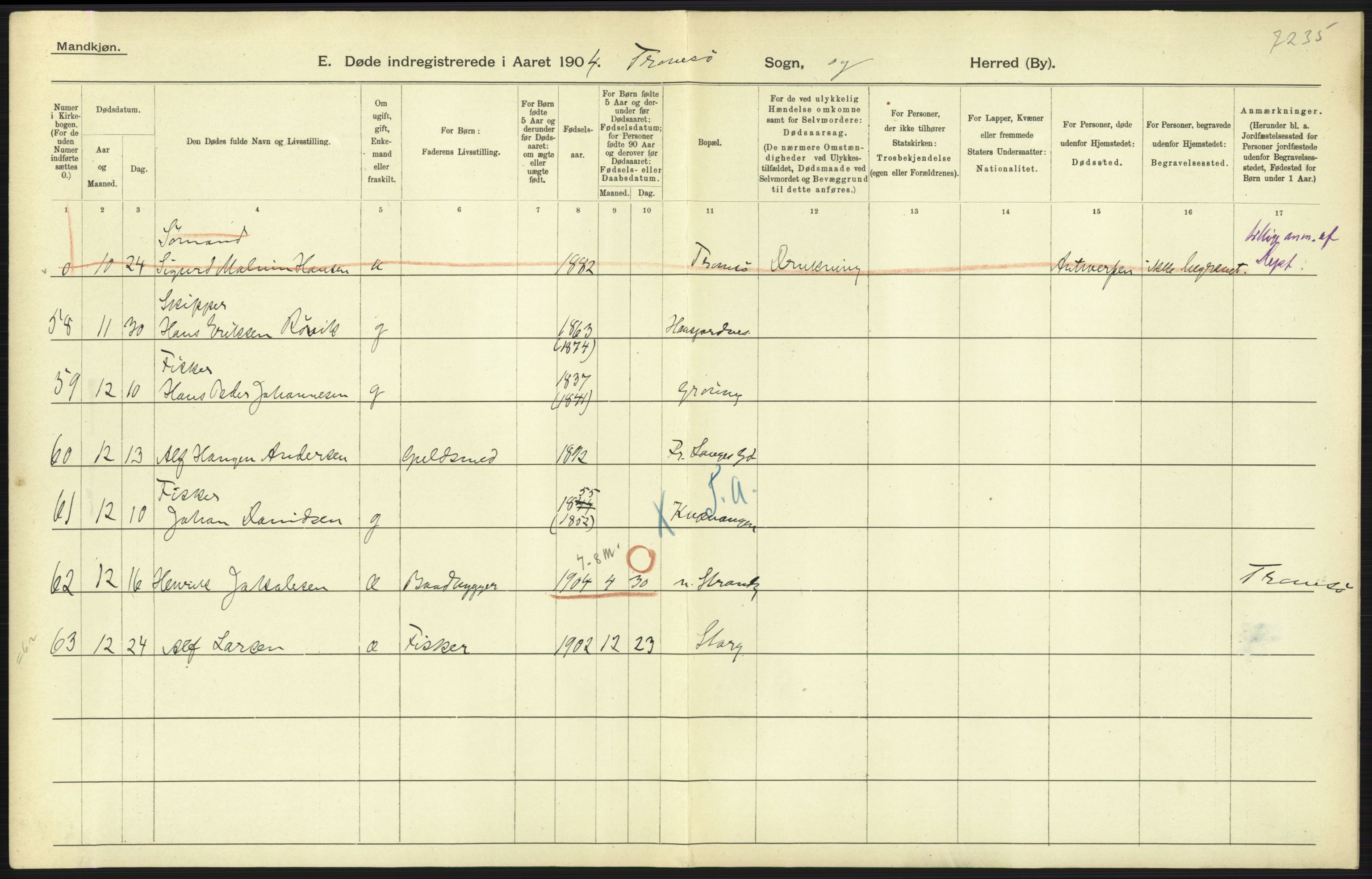 Statistisk sentralbyrå, Sosiodemografiske emner, Befolkning, AV/RA-S-2228/D/Df/Dfa/Dfab/L0022: Tromsø amt: Fødte, gifte, døde, 1904, p. 535