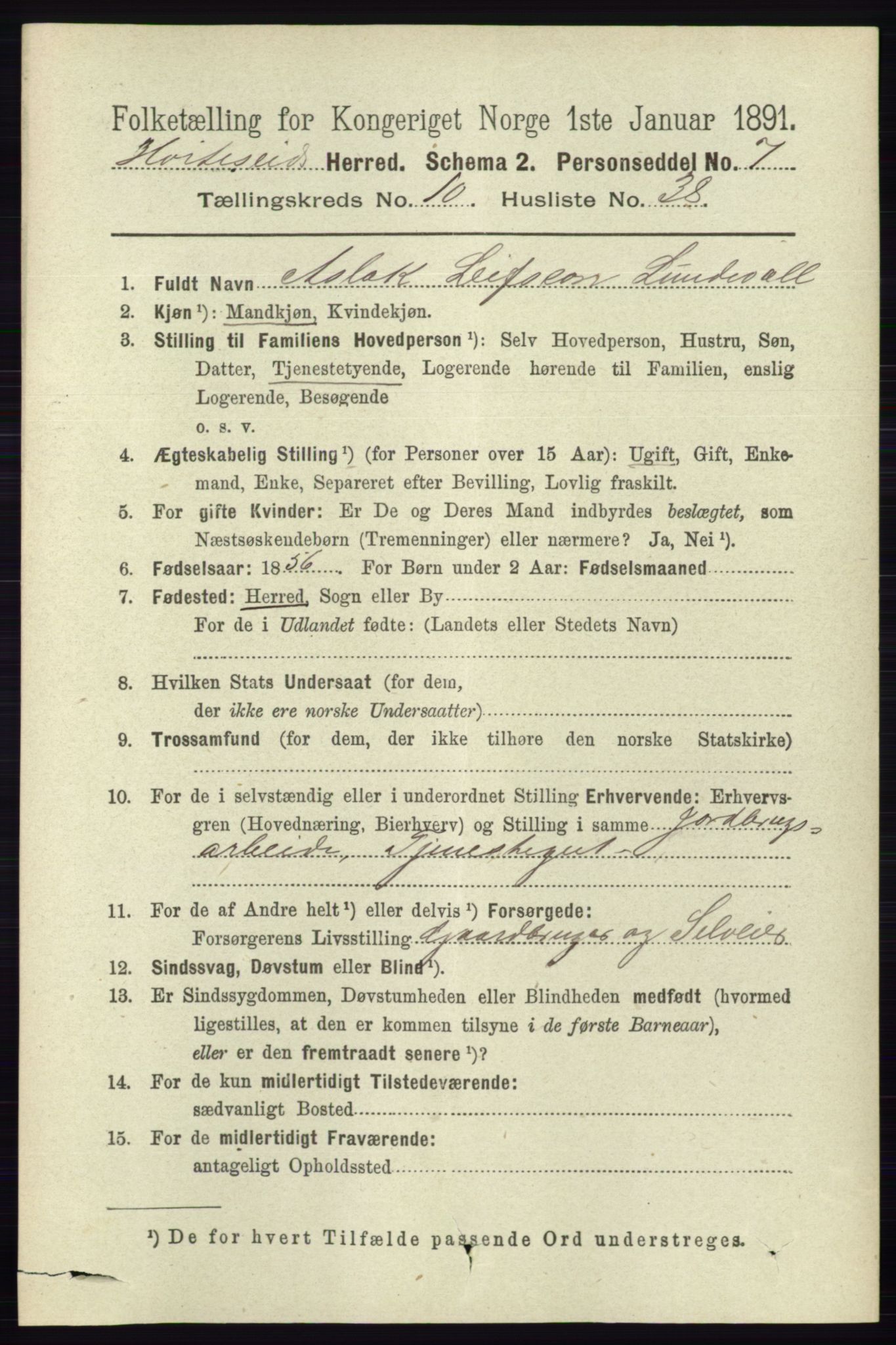 RA, 1891 census for 0829 Kviteseid, 1891, p. 2490