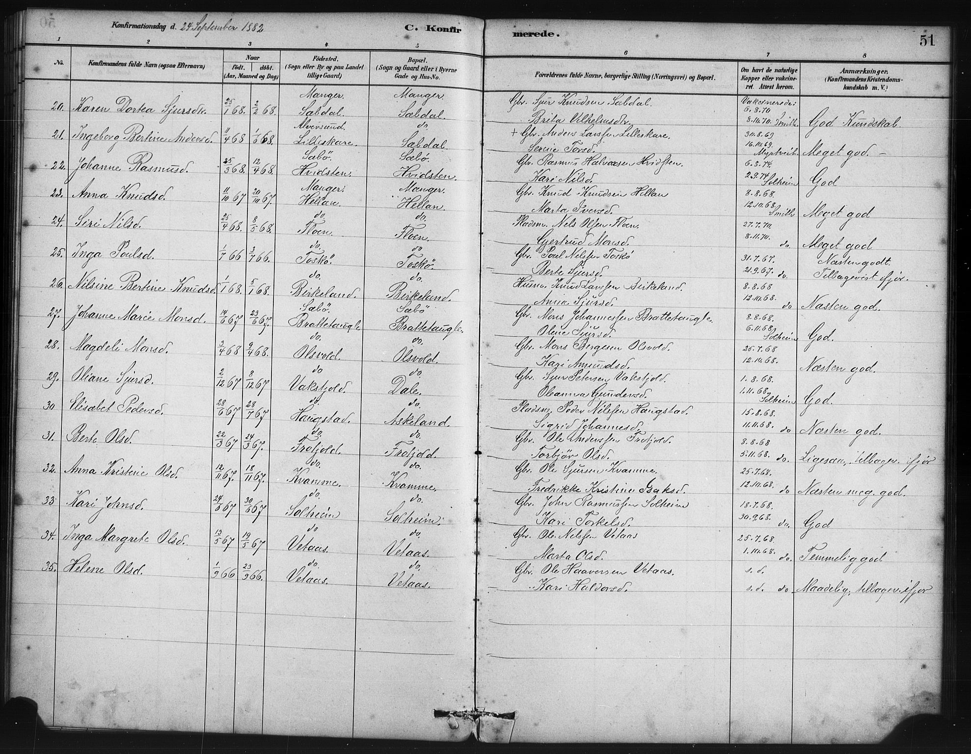 Manger sokneprestembete, AV/SAB-A-76801/H/Haa: Parish register (official) no. B 1, 1881-1892, p. 51