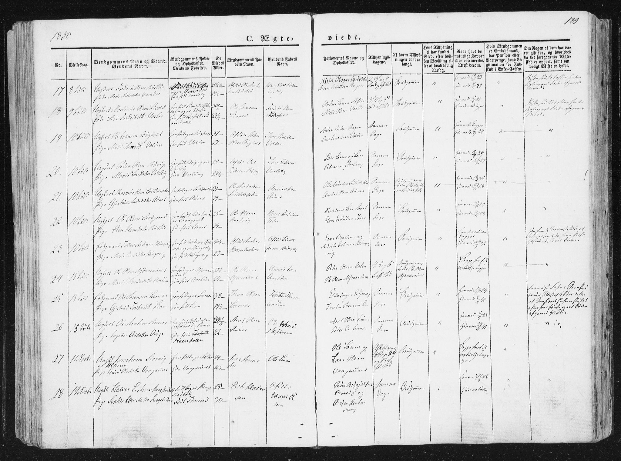 Ministerialprotokoller, klokkerbøker og fødselsregistre - Sør-Trøndelag, SAT/A-1456/630/L0493: Parish register (official) no. 630A06, 1841-1851, p. 189