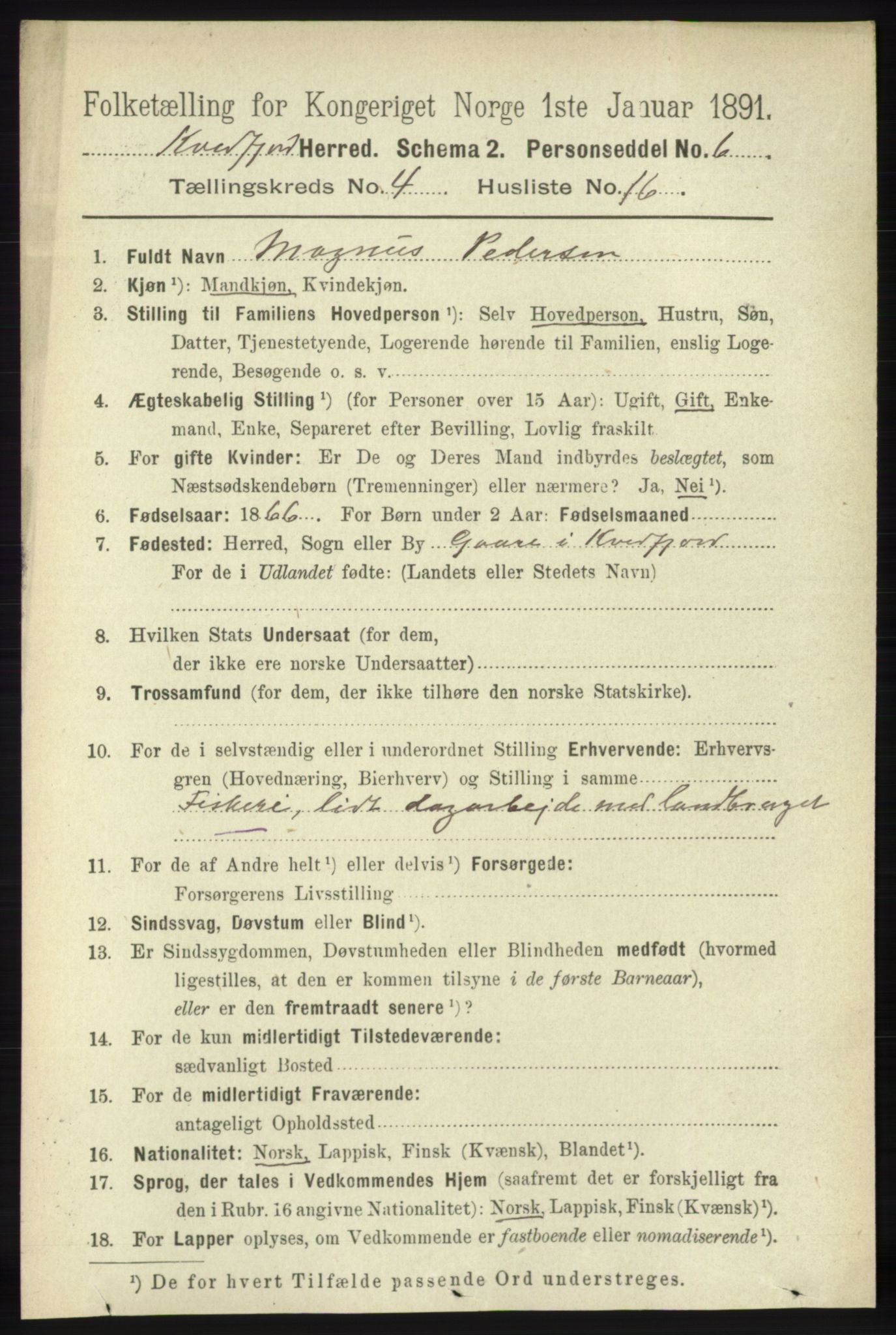 RA, 1891 census for 1911 Kvæfjord, 1891, p. 1989