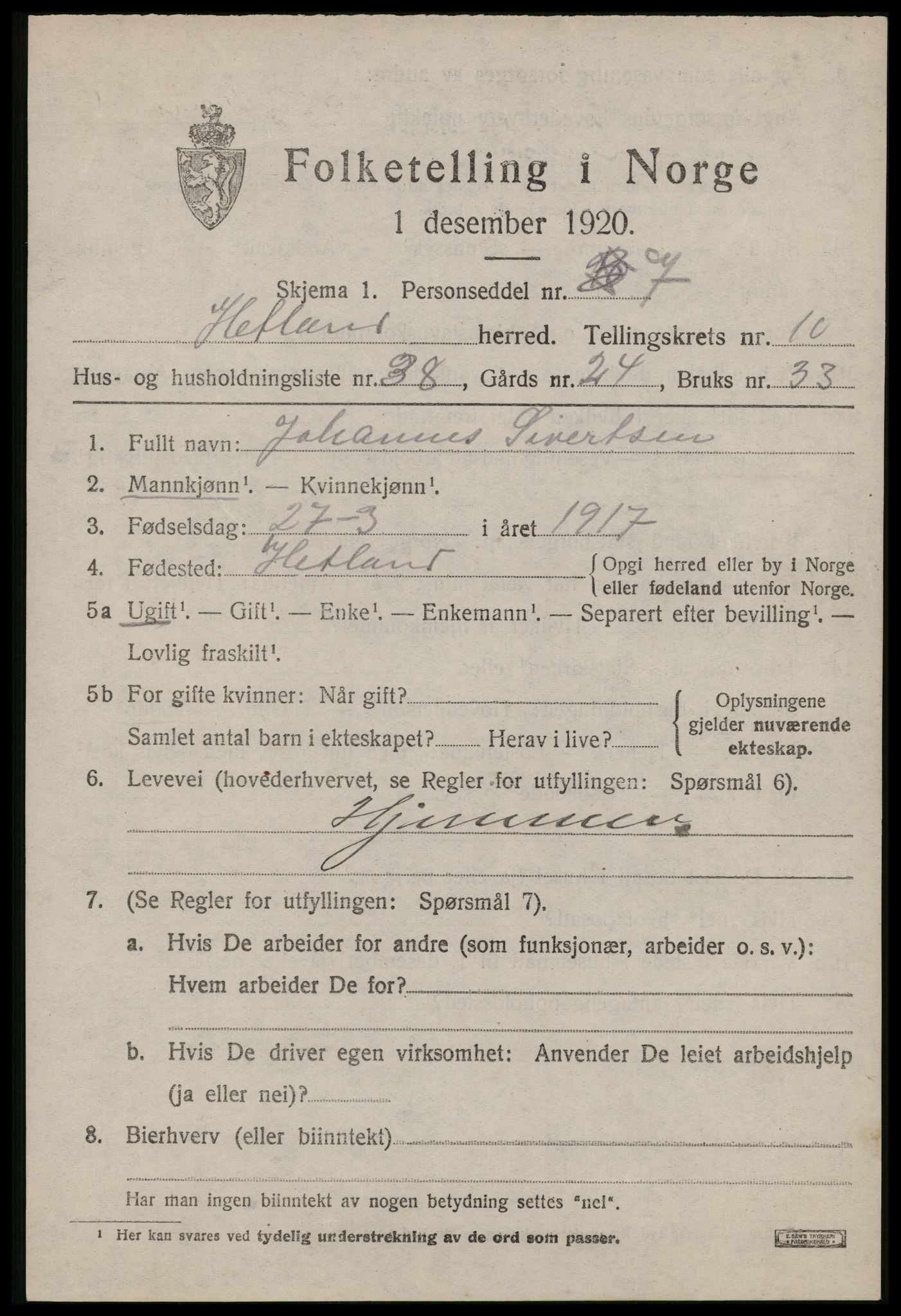 SAST, 1920 census for Hetland, 1920, p. 19409