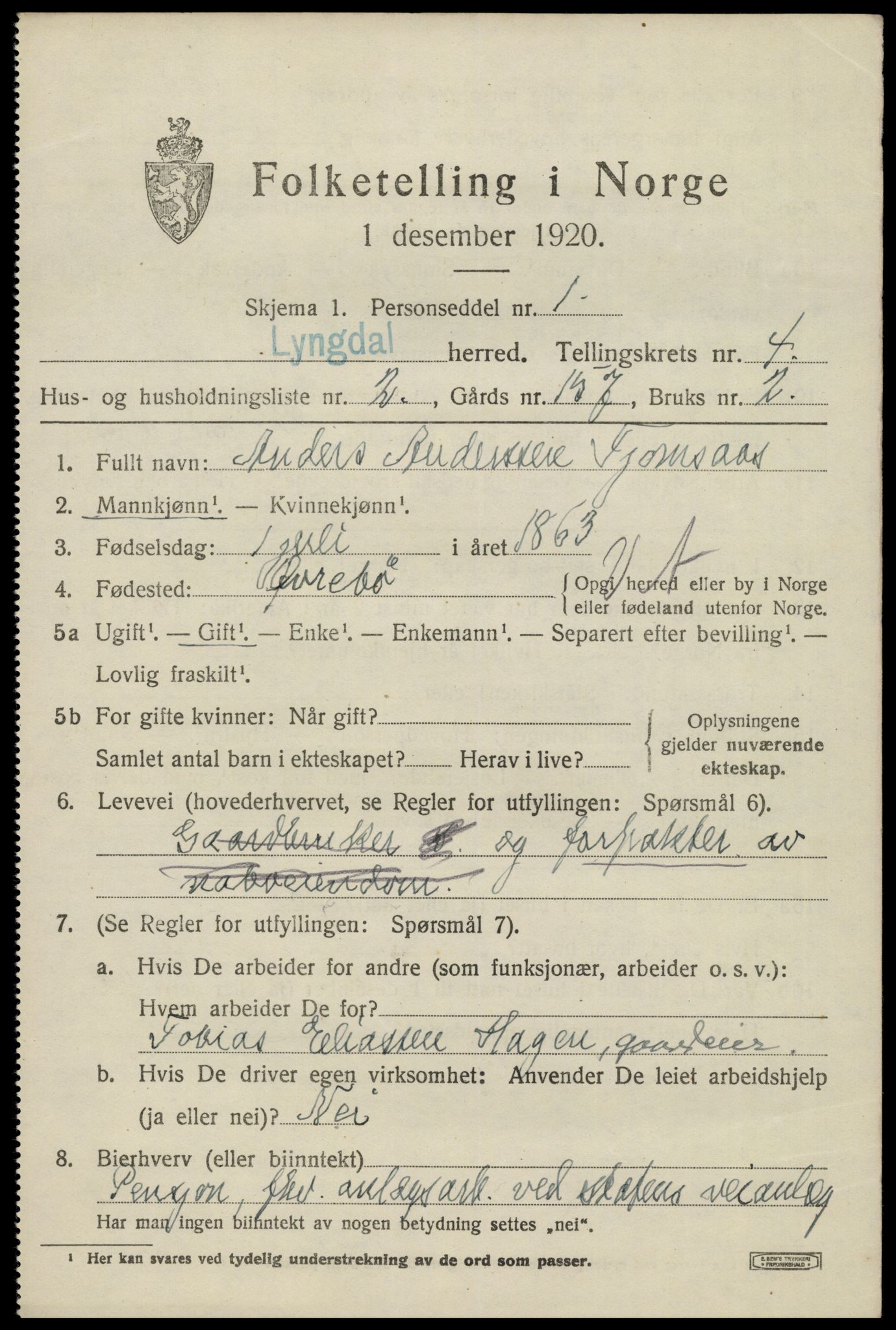 SAK, 1920 census for Lyngdal, 1920, p. 2393