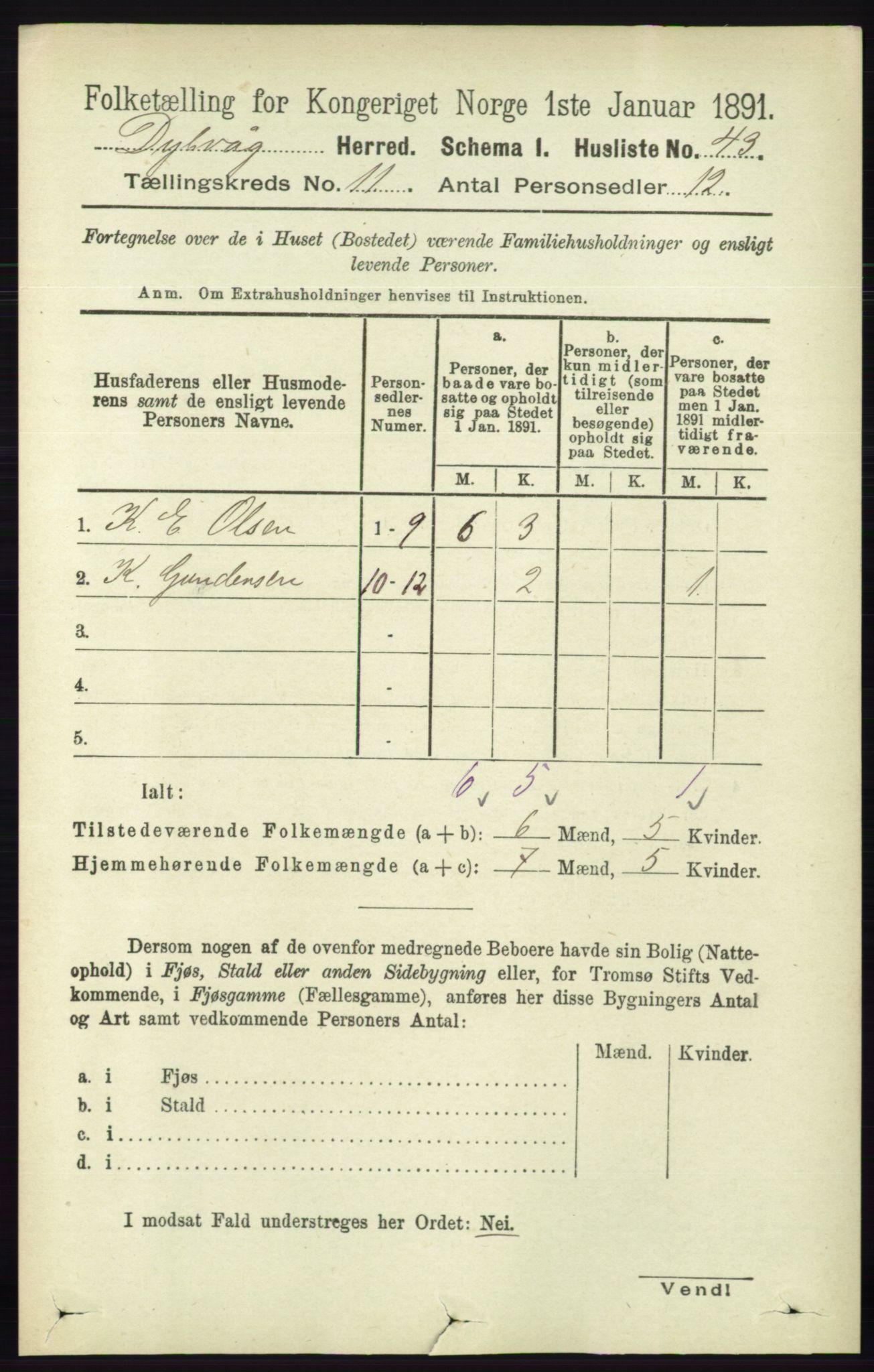 RA, 1891 census for 0915 Dypvåg, 1891, p. 4285