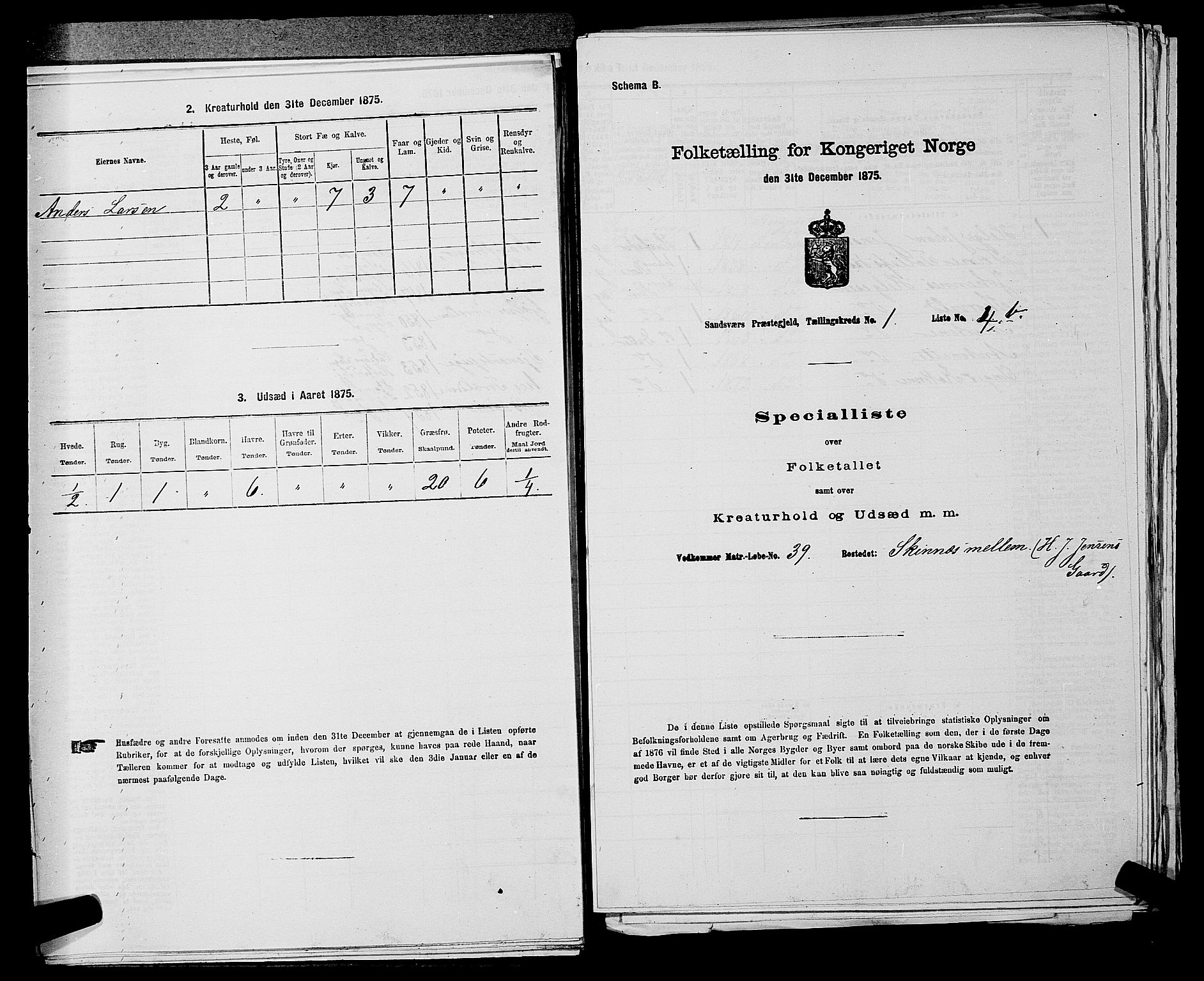 SAKO, 1875 census for 0629P Sandsvær, 1875, p. 308