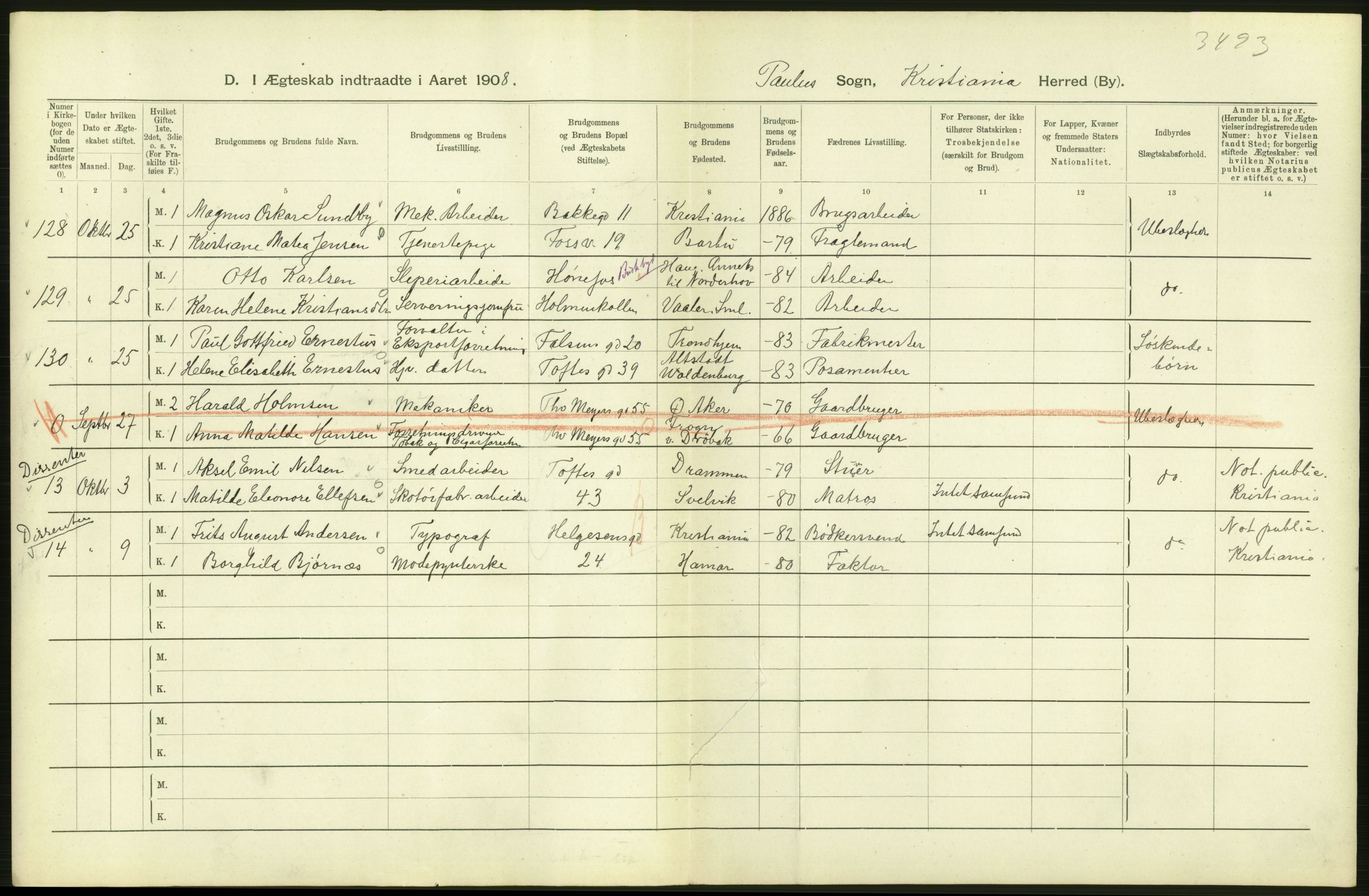 Statistisk sentralbyrå, Sosiodemografiske emner, Befolkning, AV/RA-S-2228/D/Df/Dfa/Dfaf/L0007: Kristiania: Gifte, 1908, p. 258