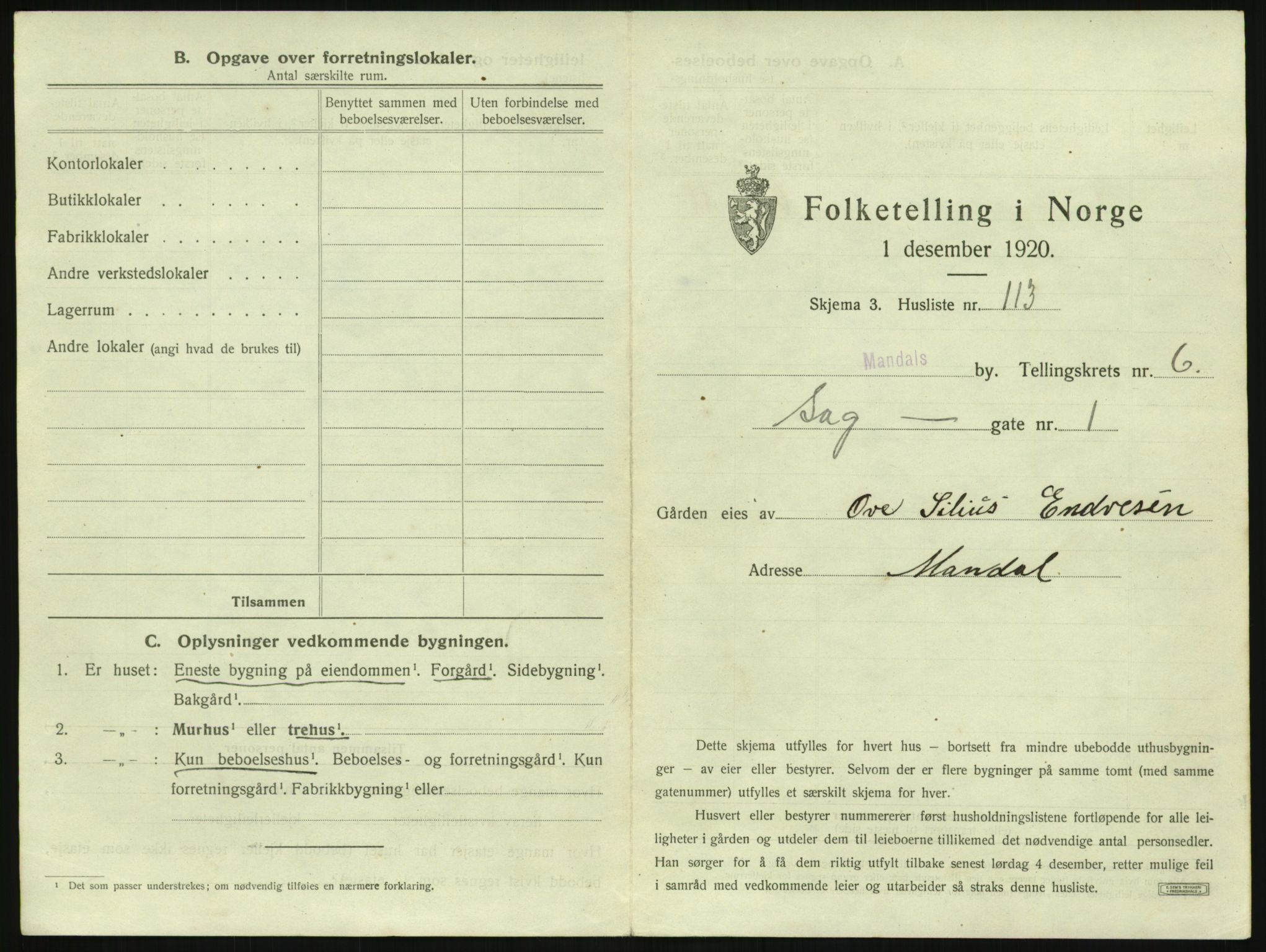 SAK, 1920 census for Mandal, 1920, p. 1411