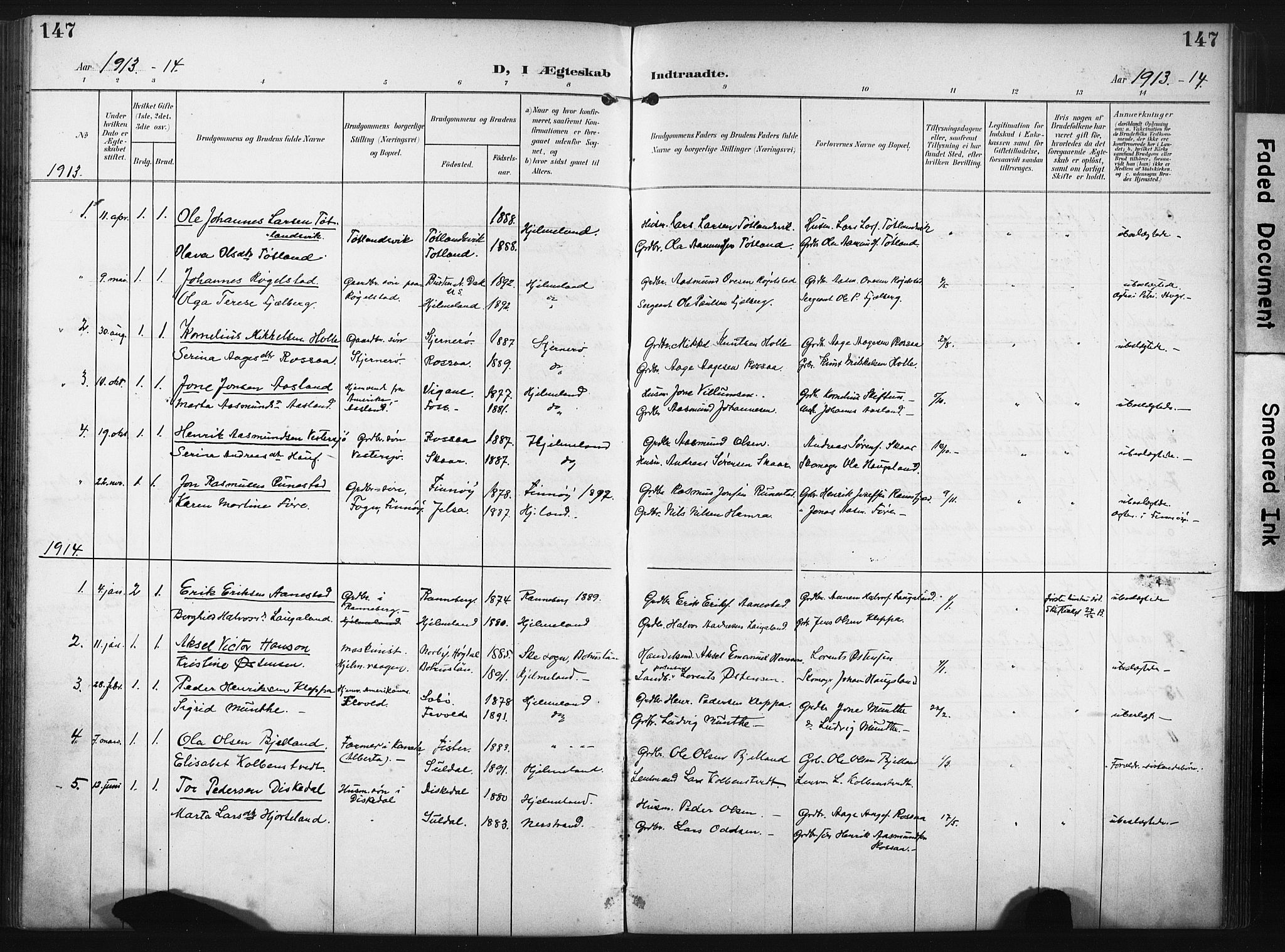 Hjelmeland sokneprestkontor, AV/SAST-A-101843/02/A/L0002: Parish register (official) no. A 17, 1901-1916, p. 147