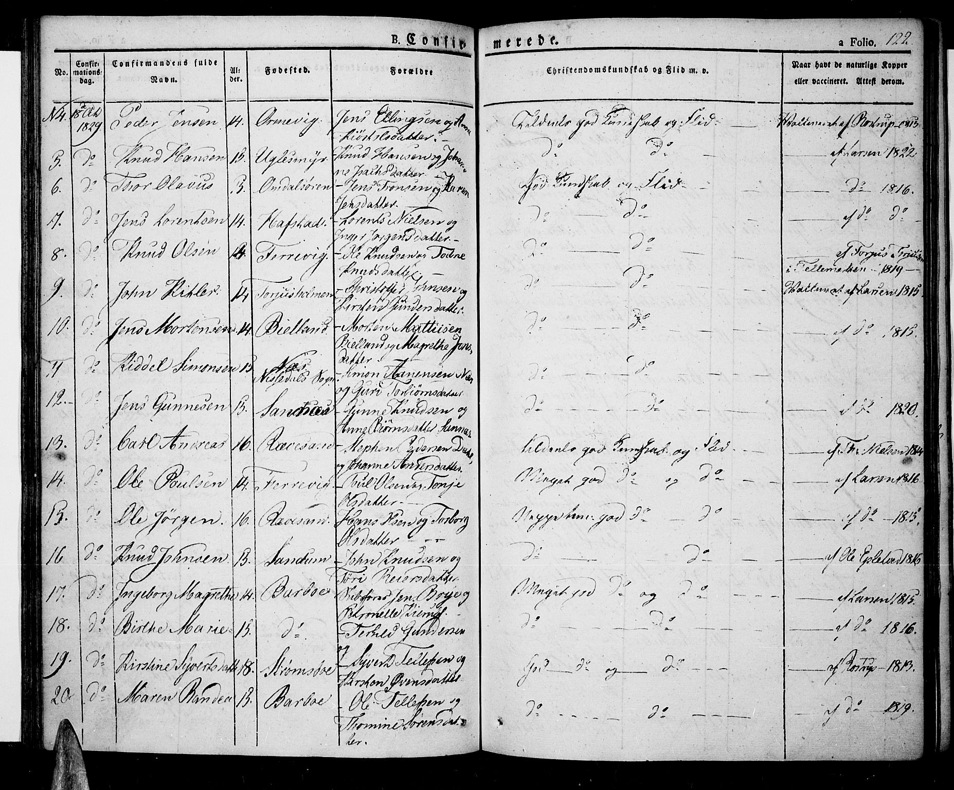 Tromøy sokneprestkontor, SAK/1111-0041/F/Fa/L0003: Parish register (official) no. A 3, 1825-1837, p. 122