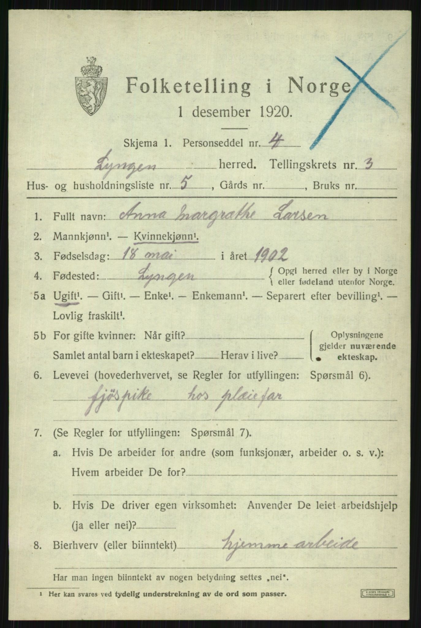 SATØ, 1920 census for Lyngen, 1920, p. 3535