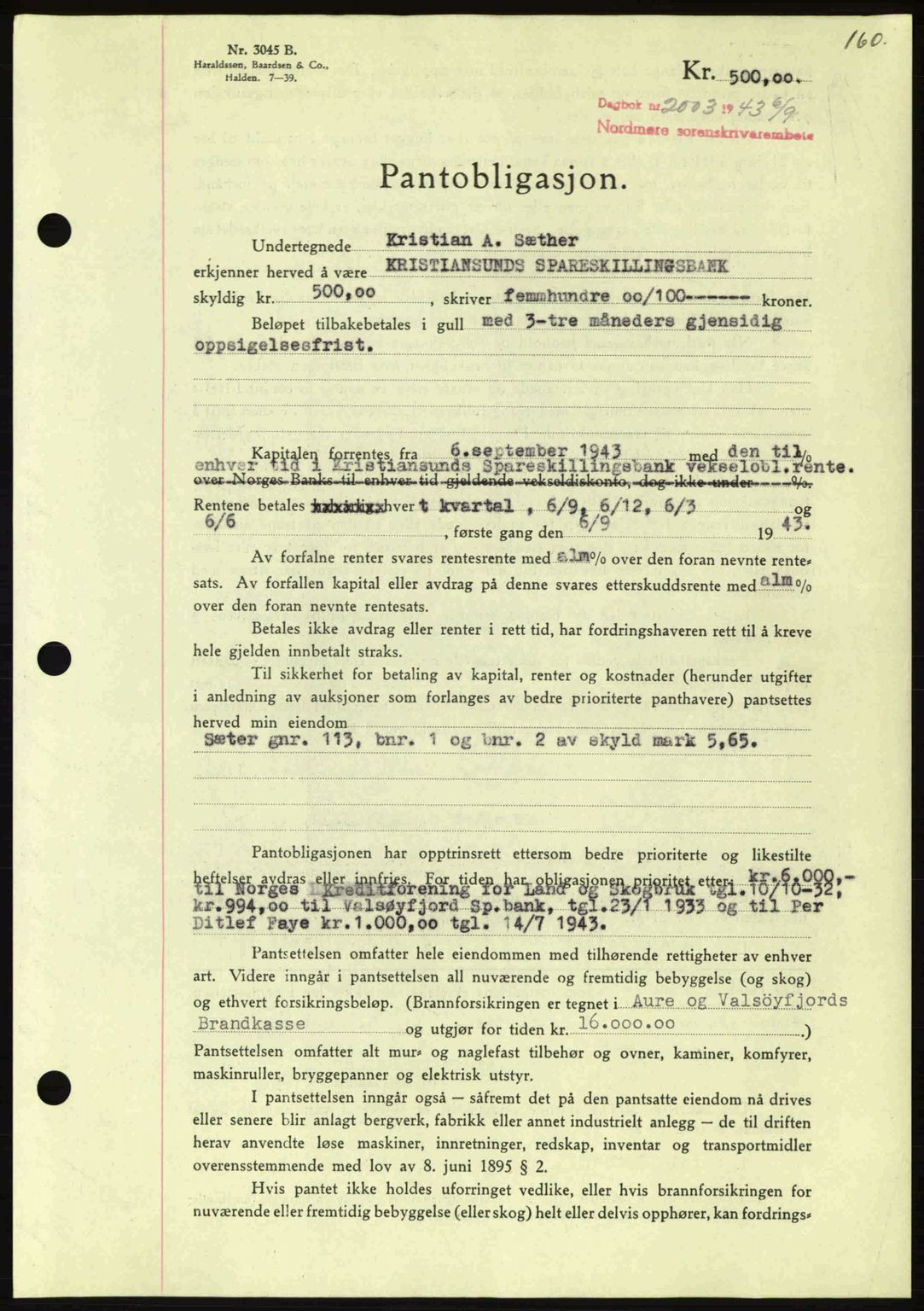 Nordmøre sorenskriveri, AV/SAT-A-4132/1/2/2Ca: Mortgage book no. B91, 1943-1944, Diary no: : 2003/1943