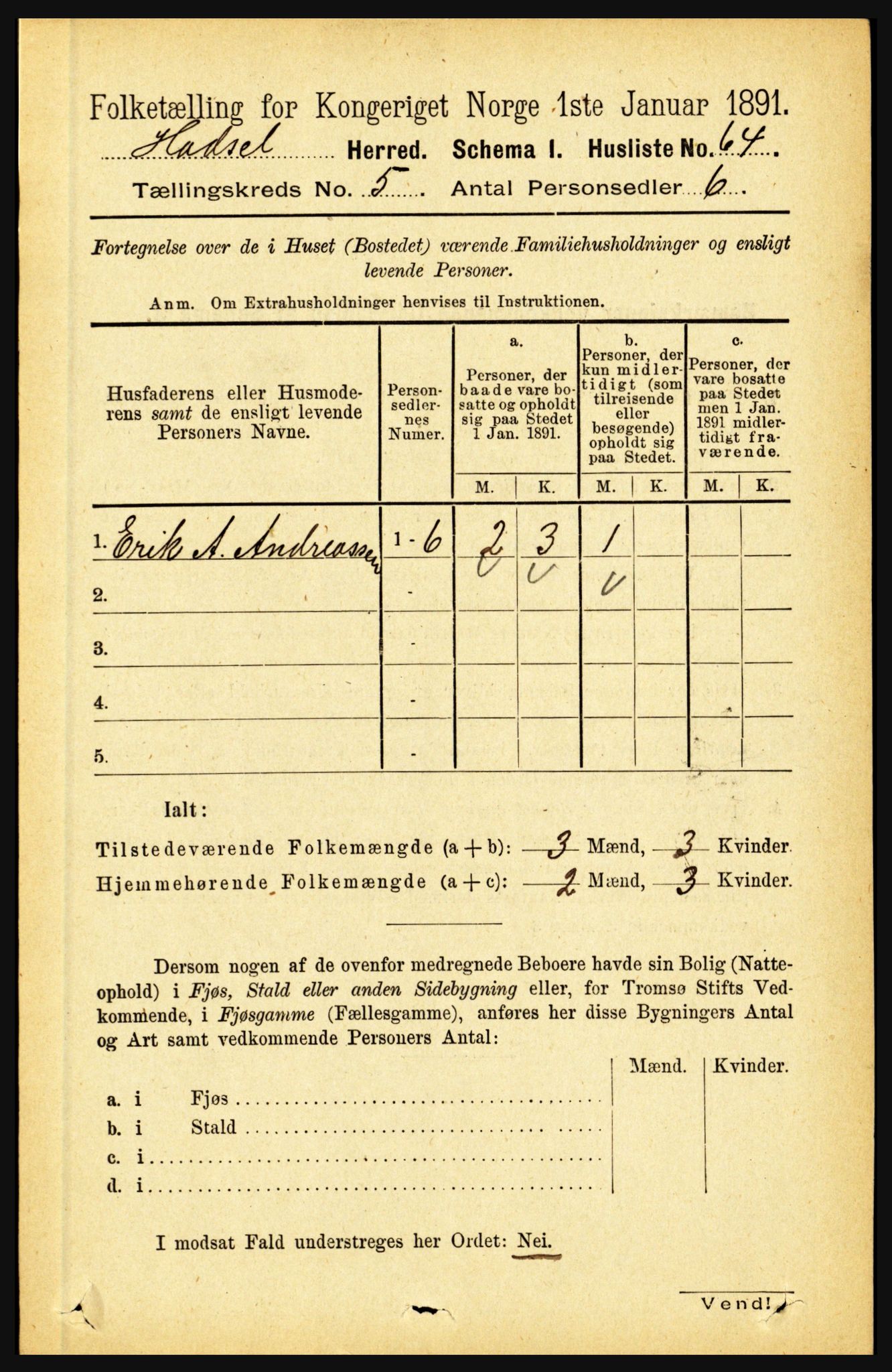 RA, 1891 census for 1866 Hadsel, 1891, p. 2120