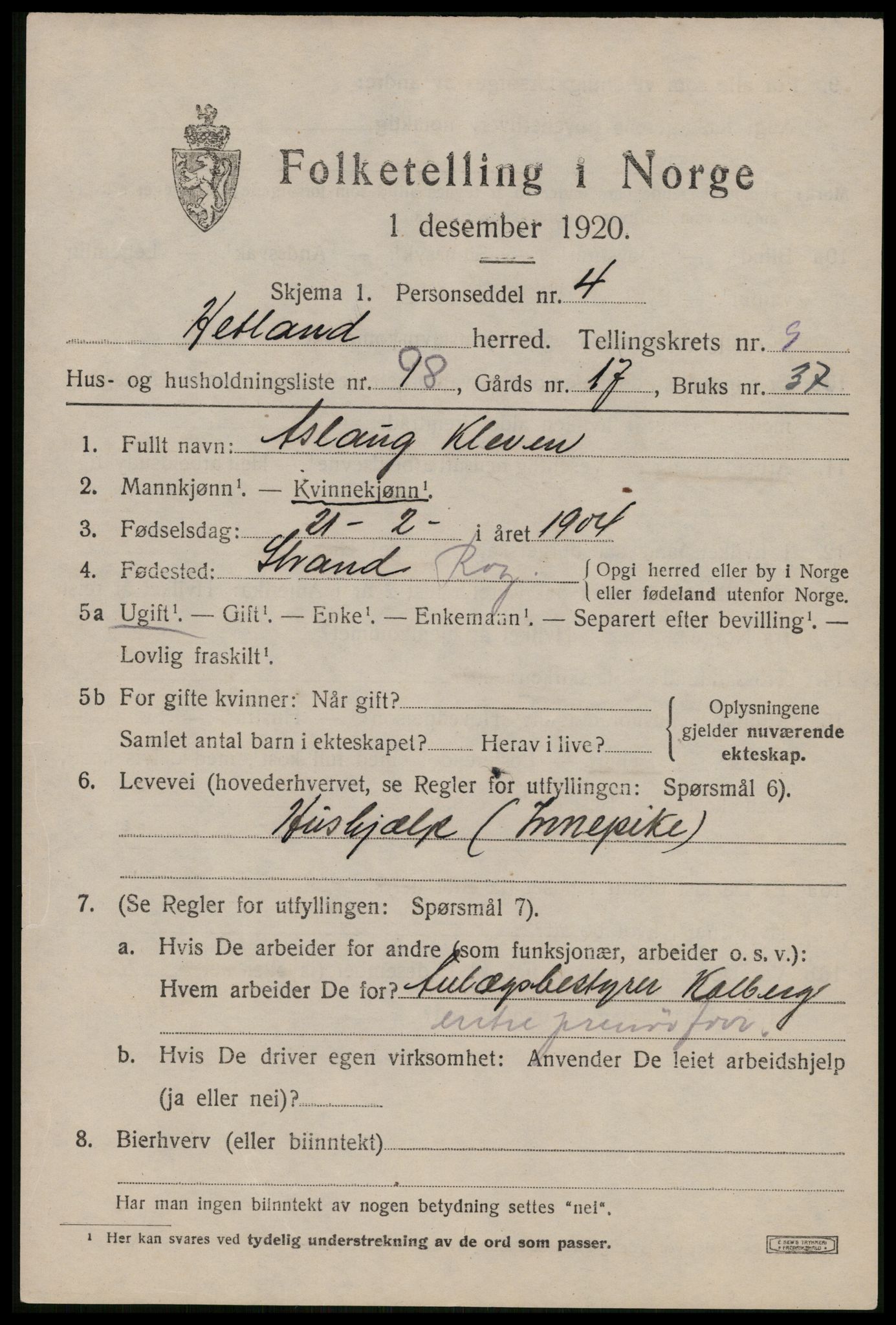 SAST, 1920 census for Hetland, 1920, p. 18905