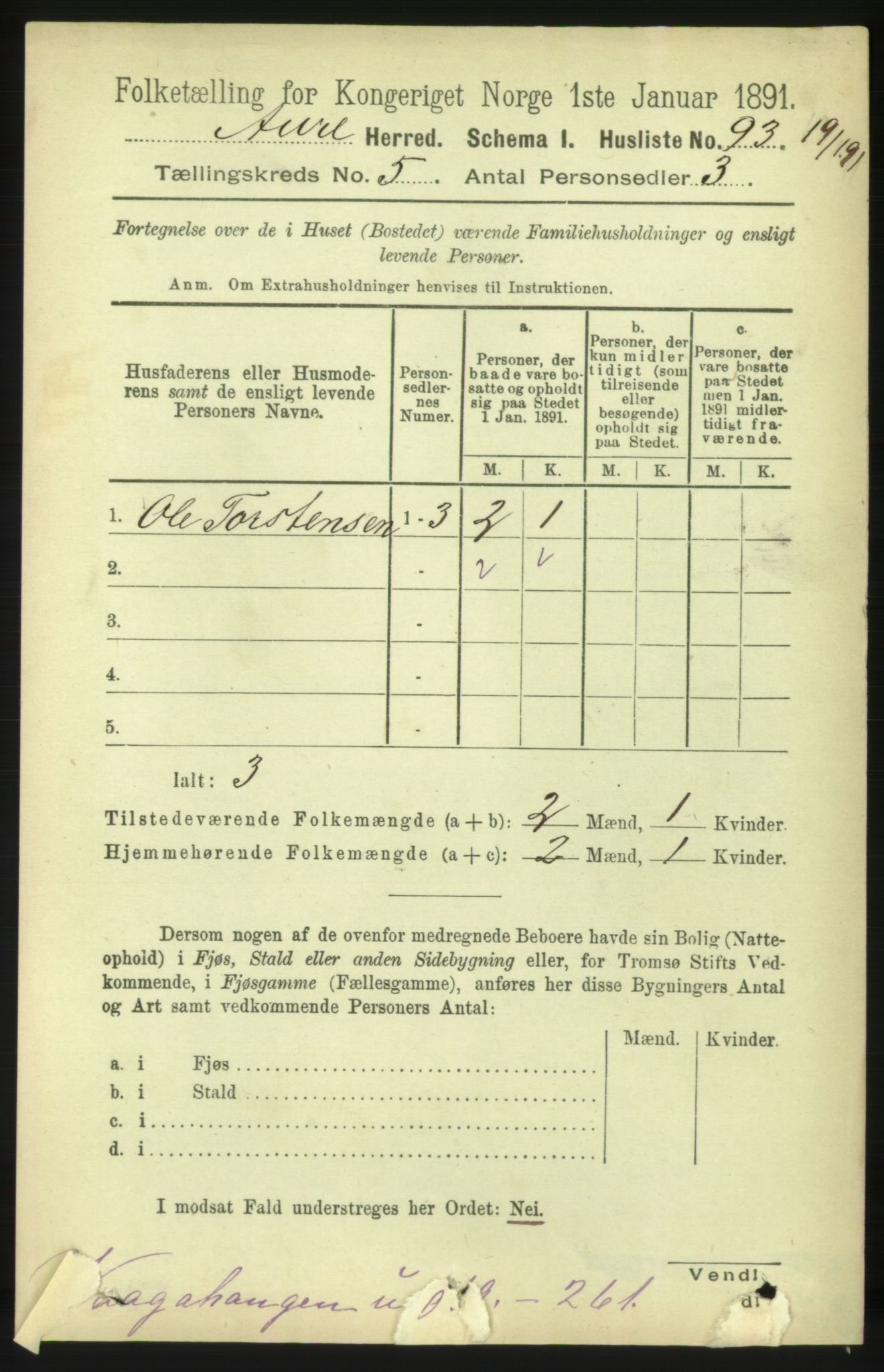 RA, 1891 census for 1569 Aure, 1891, p. 2706