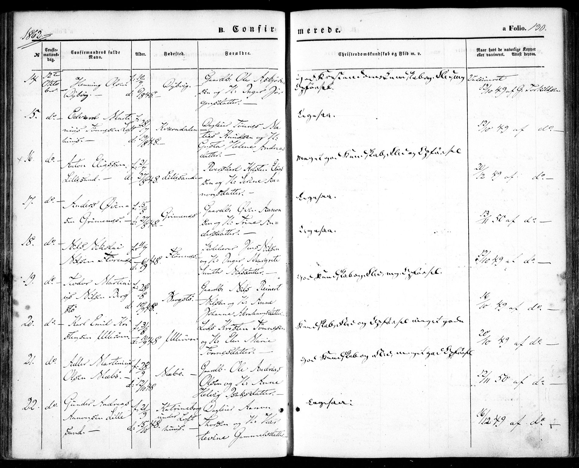 Vestre Moland sokneprestkontor, SAK/1111-0046/F/Fa/Fab/L0007: Parish register (official) no. A 7, 1859-1872, p. 130