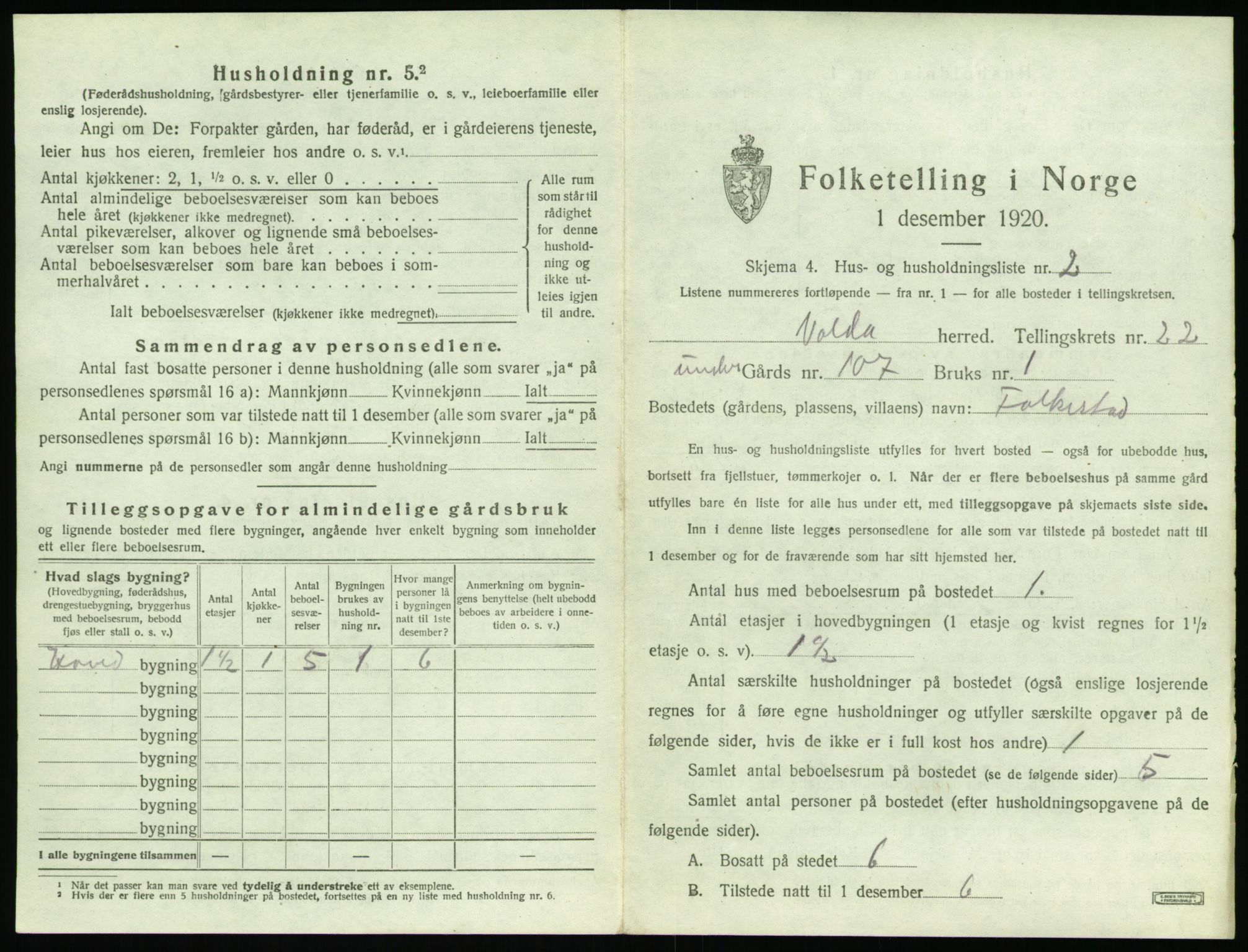 SAT, 1920 census for Volda, 1920, p. 1500