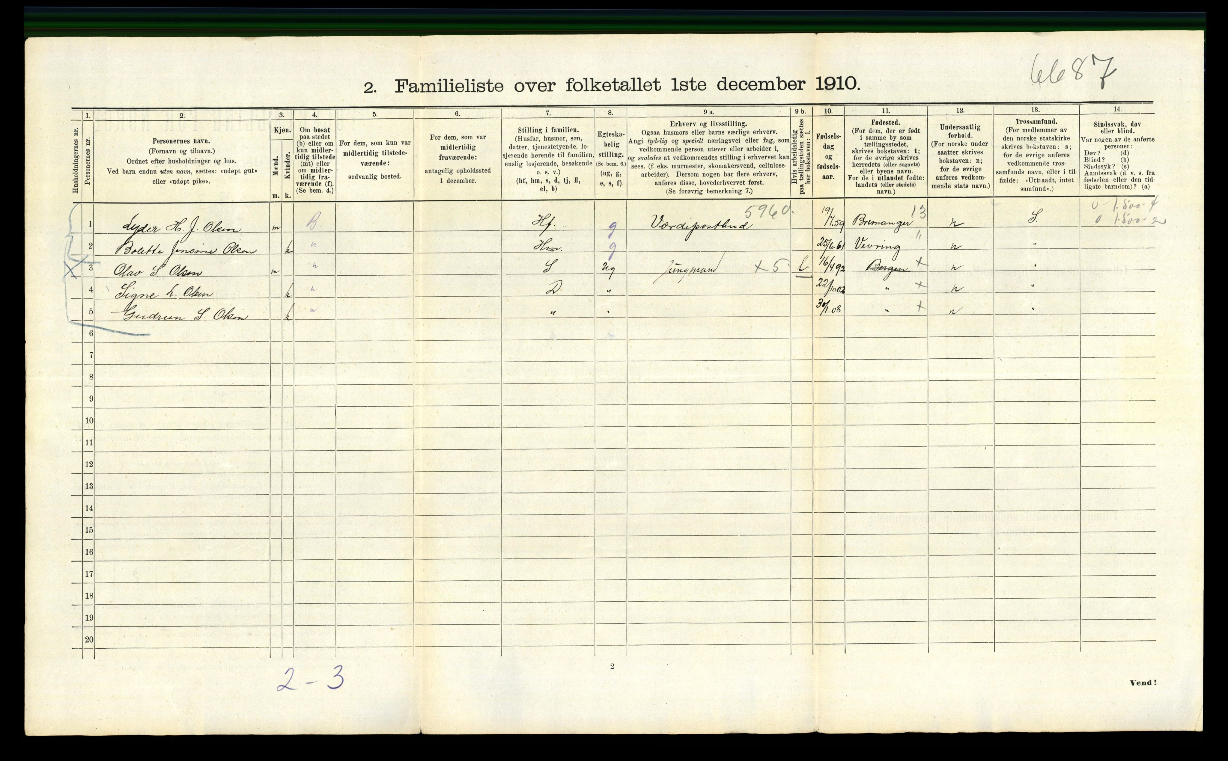 RA, 1910 census for Bergen, 1910, p. 20352