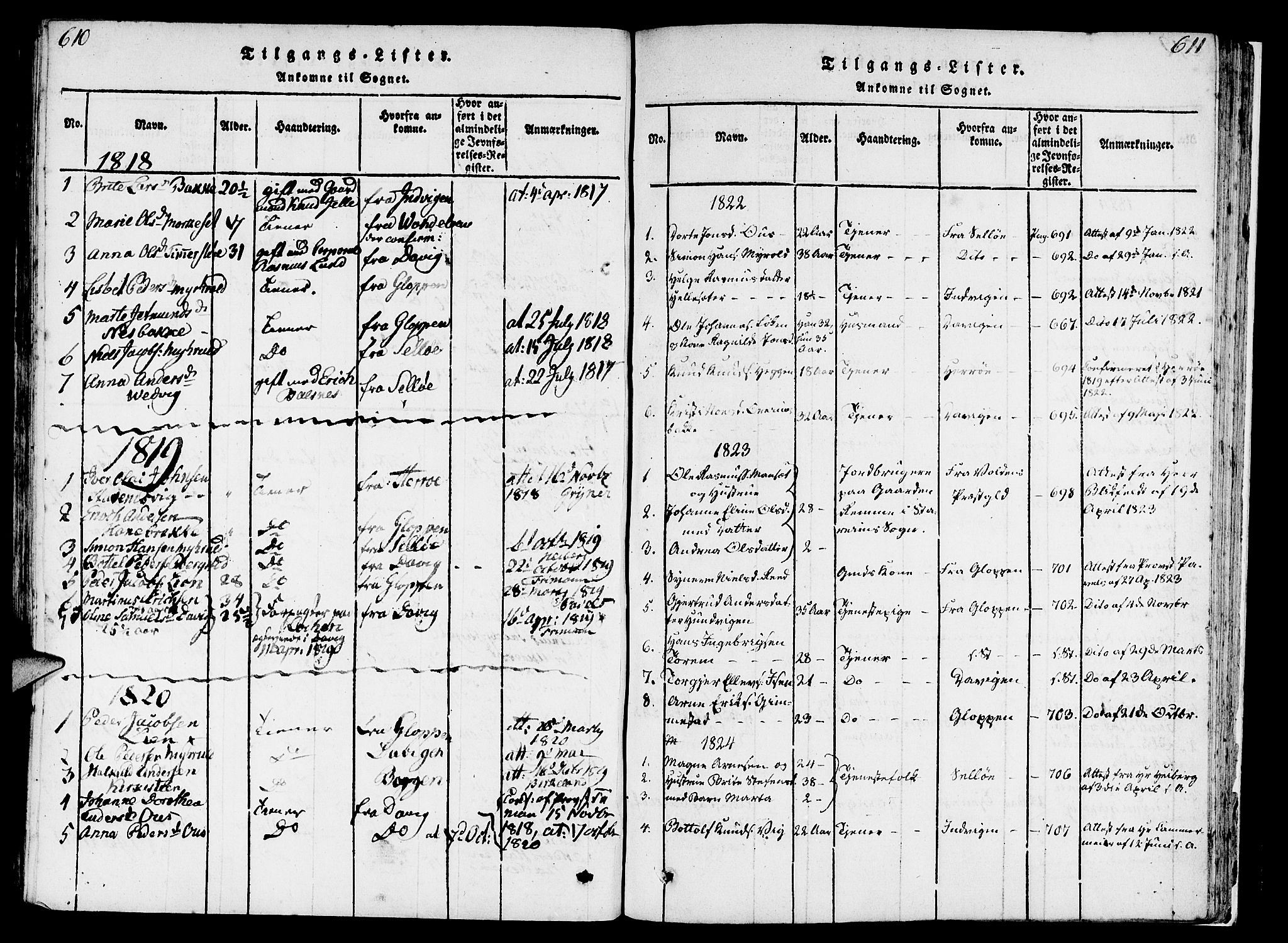 Eid sokneprestembete, AV/SAB-A-82301/H/Haa/Haaa/L0005: Parish register (official) no. A 5, 1816-1830, p. 610-611