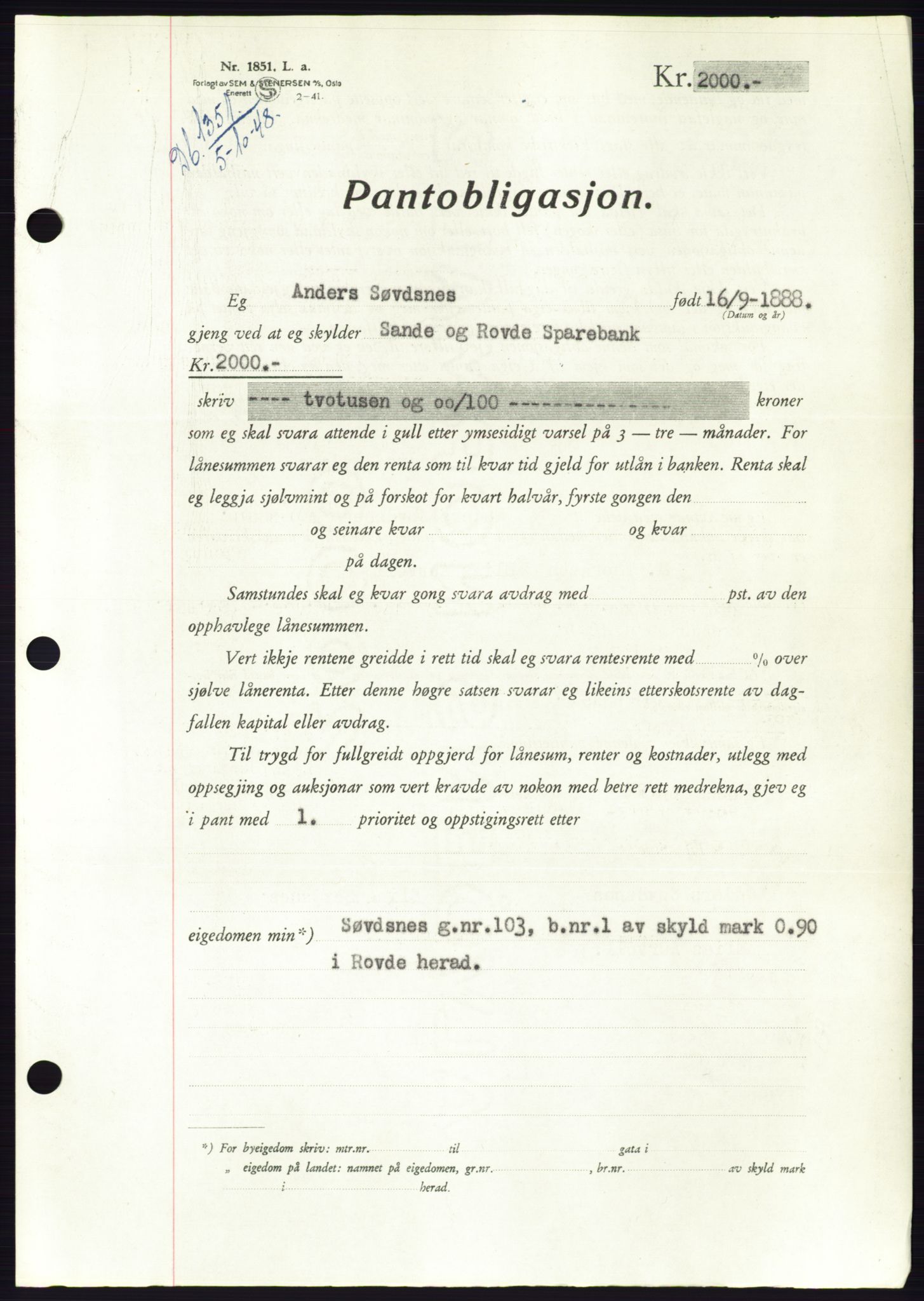 Søre Sunnmøre sorenskriveri, AV/SAT-A-4122/1/2/2C/L0116: Mortgage book no. 4B, 1948-1949, Diary no: : 1351/1948