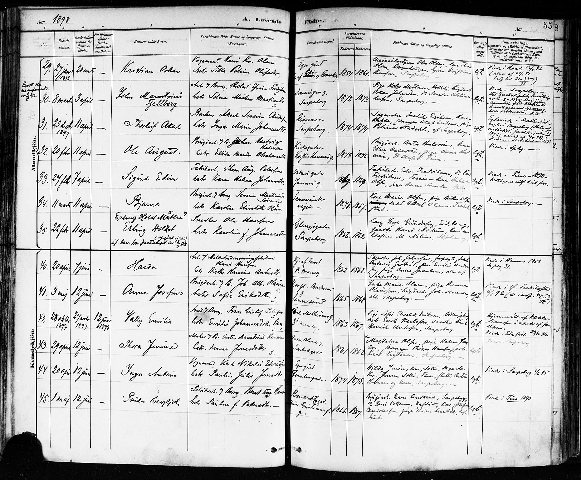 Sarpsborg prestekontor Kirkebøker, AV/SAO-A-2006/F/Fa/L0004: Parish register (official) no. 4, 1892-1899, p. 55