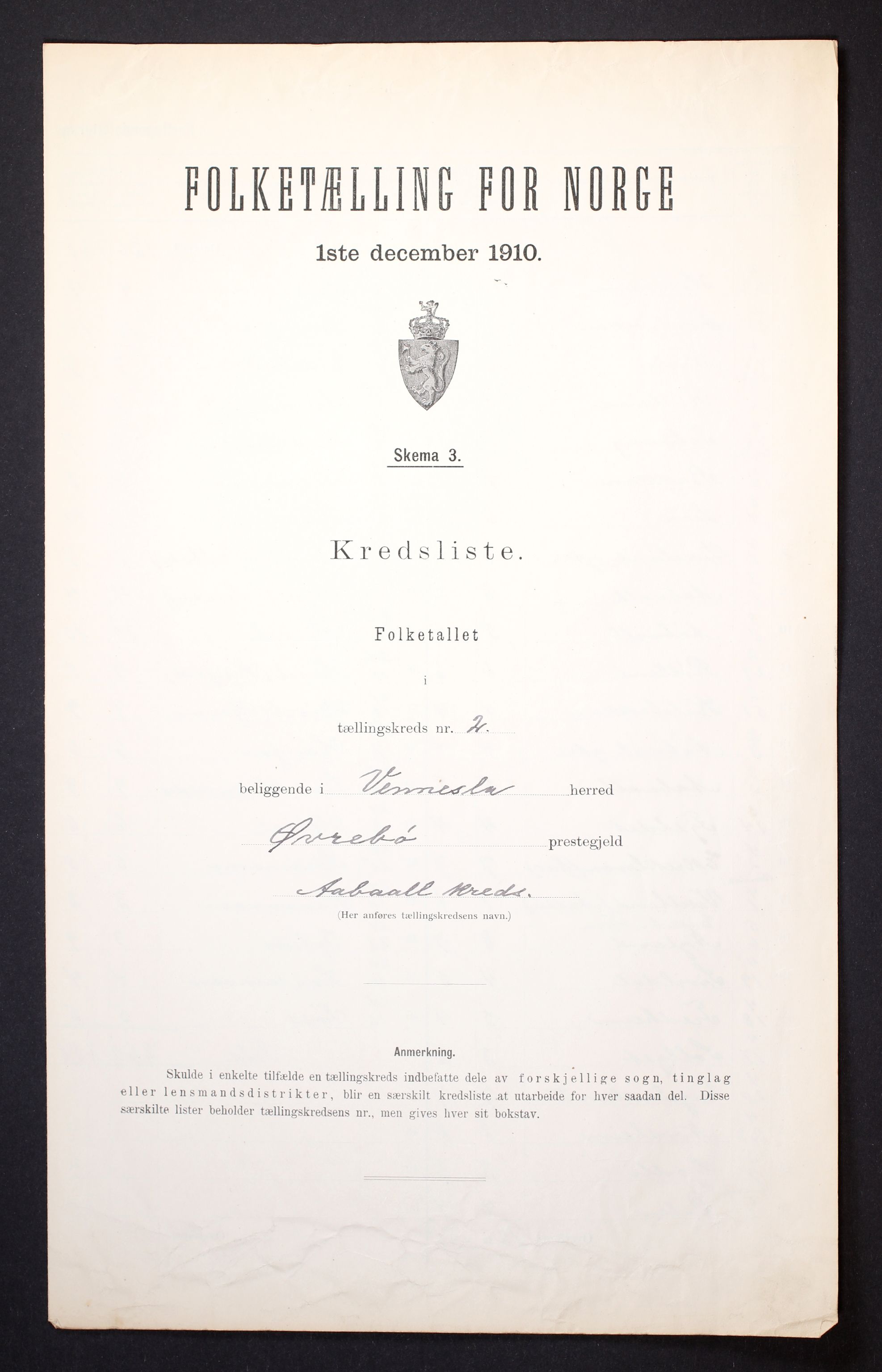 RA, 1910 census for Vennesla, 1910, p. 7