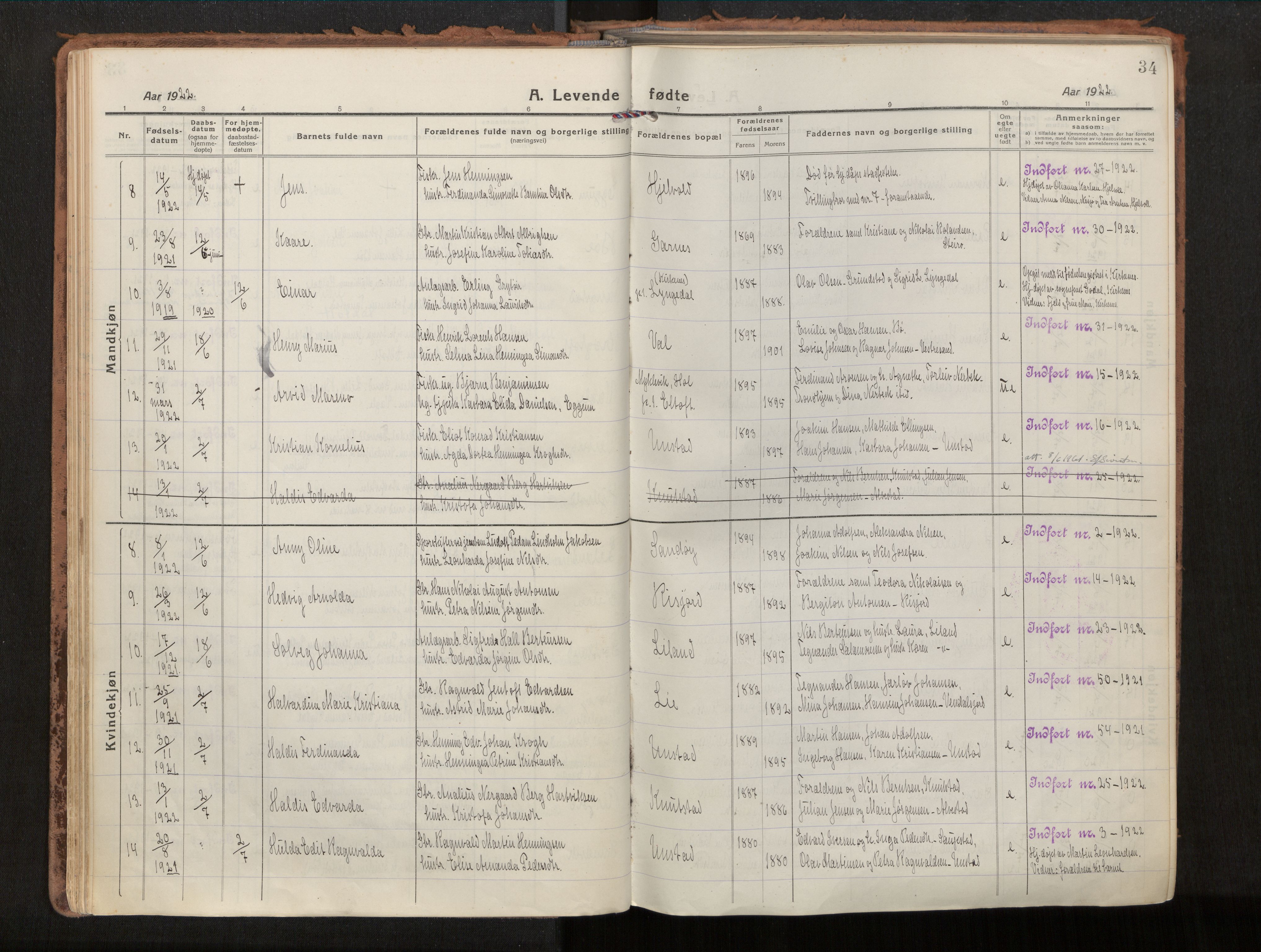 Ministerialprotokoller, klokkerbøker og fødselsregistre - Nordland, SAT/A-1459/880/L1136: Parish register (official) no. 880A10, 1919-1927, p. 34