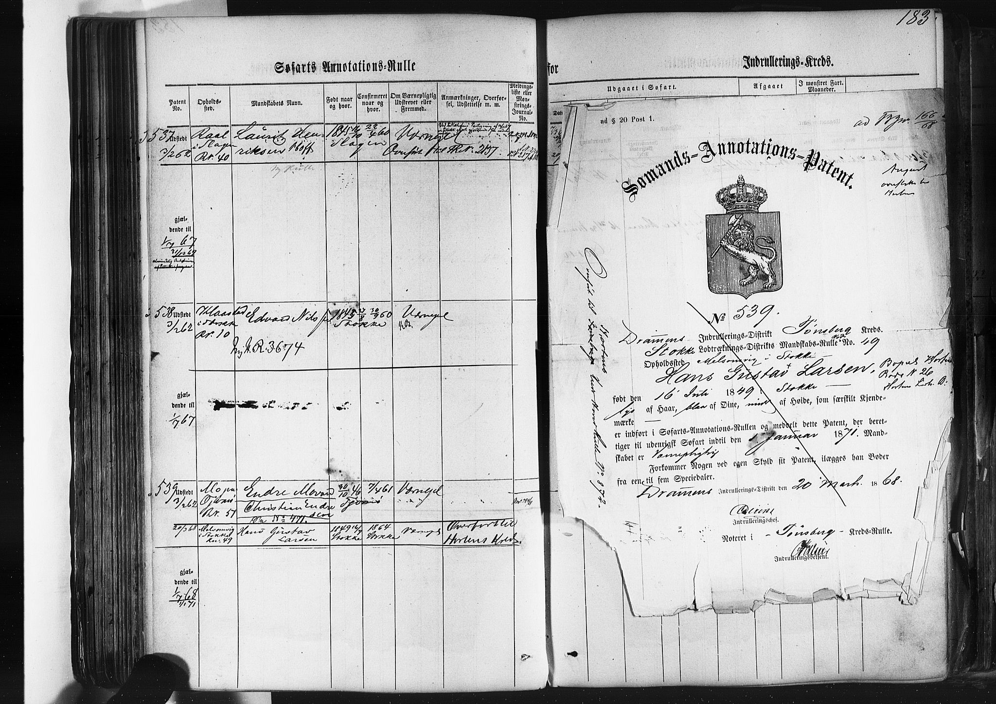 Tønsberg innrulleringskontor, AV/SAKO-A-786/F/Fb/L0001: Annotasjonsrulle Patent nr. 1-1724, 1860-1868, p. 191