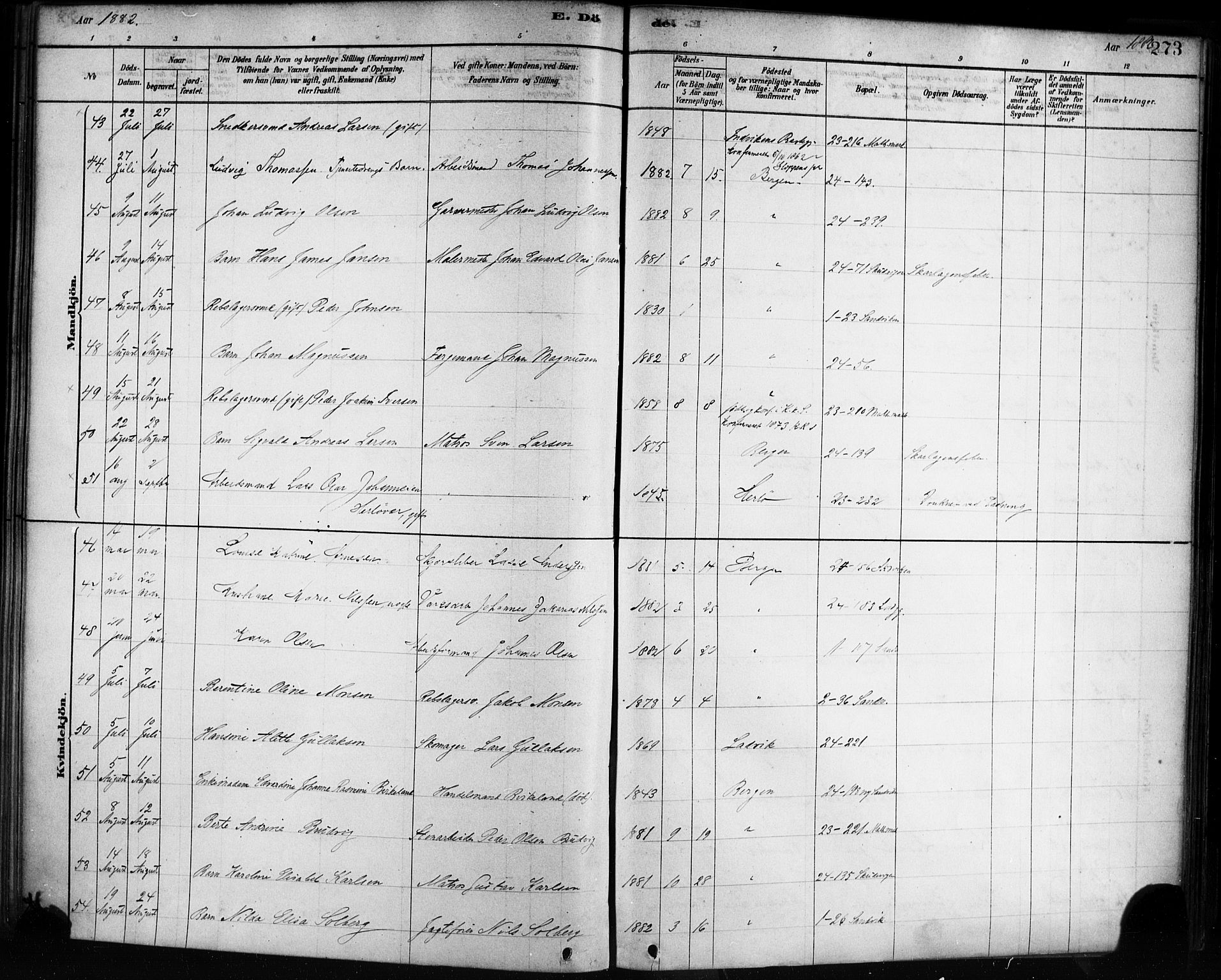 Sandviken Sokneprestembete, AV/SAB-A-77601/H/Ha/L0002: Parish register (official) no. A 2, 1878-1896, p. 273